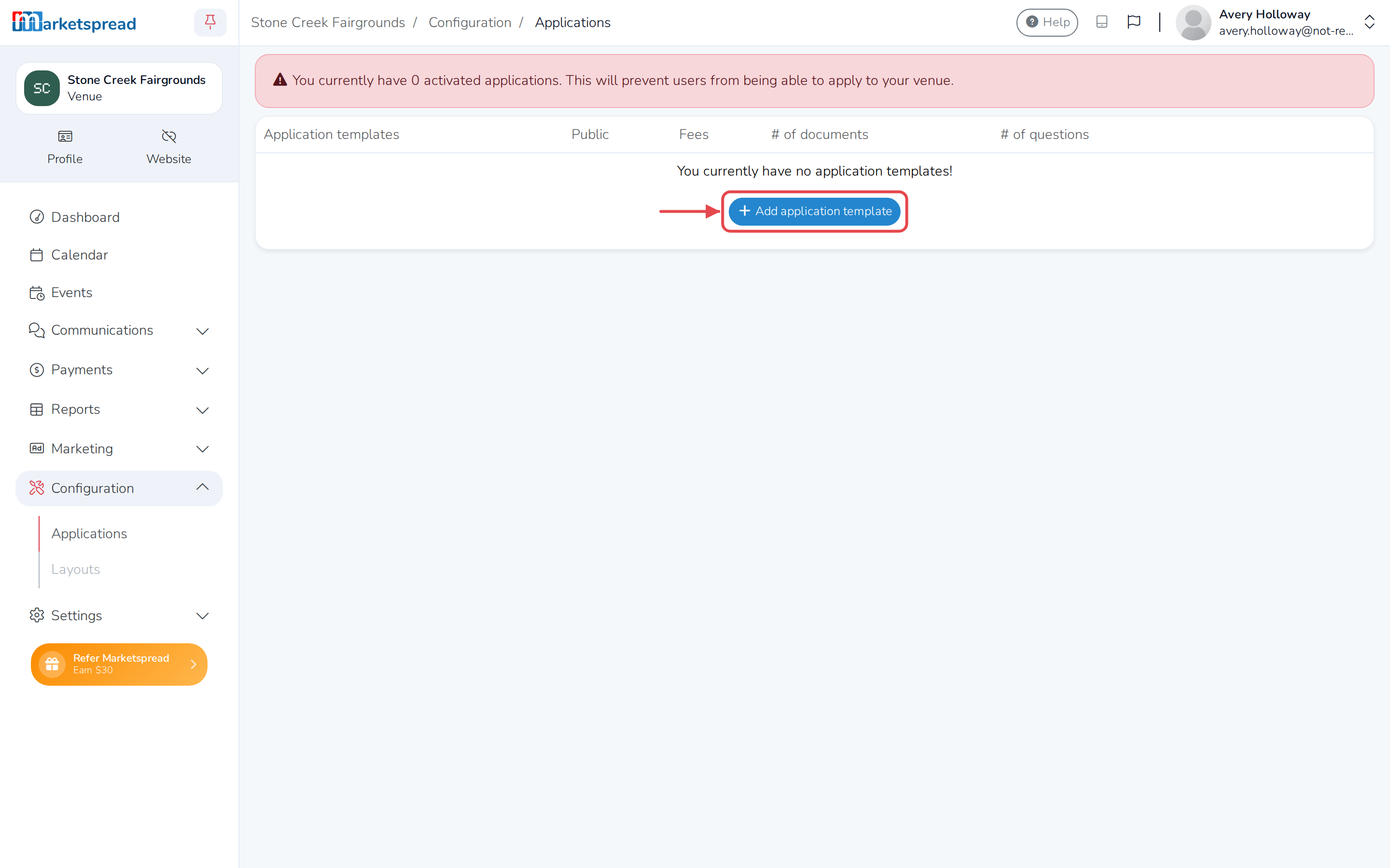 The venue's Applications page, with Add application template