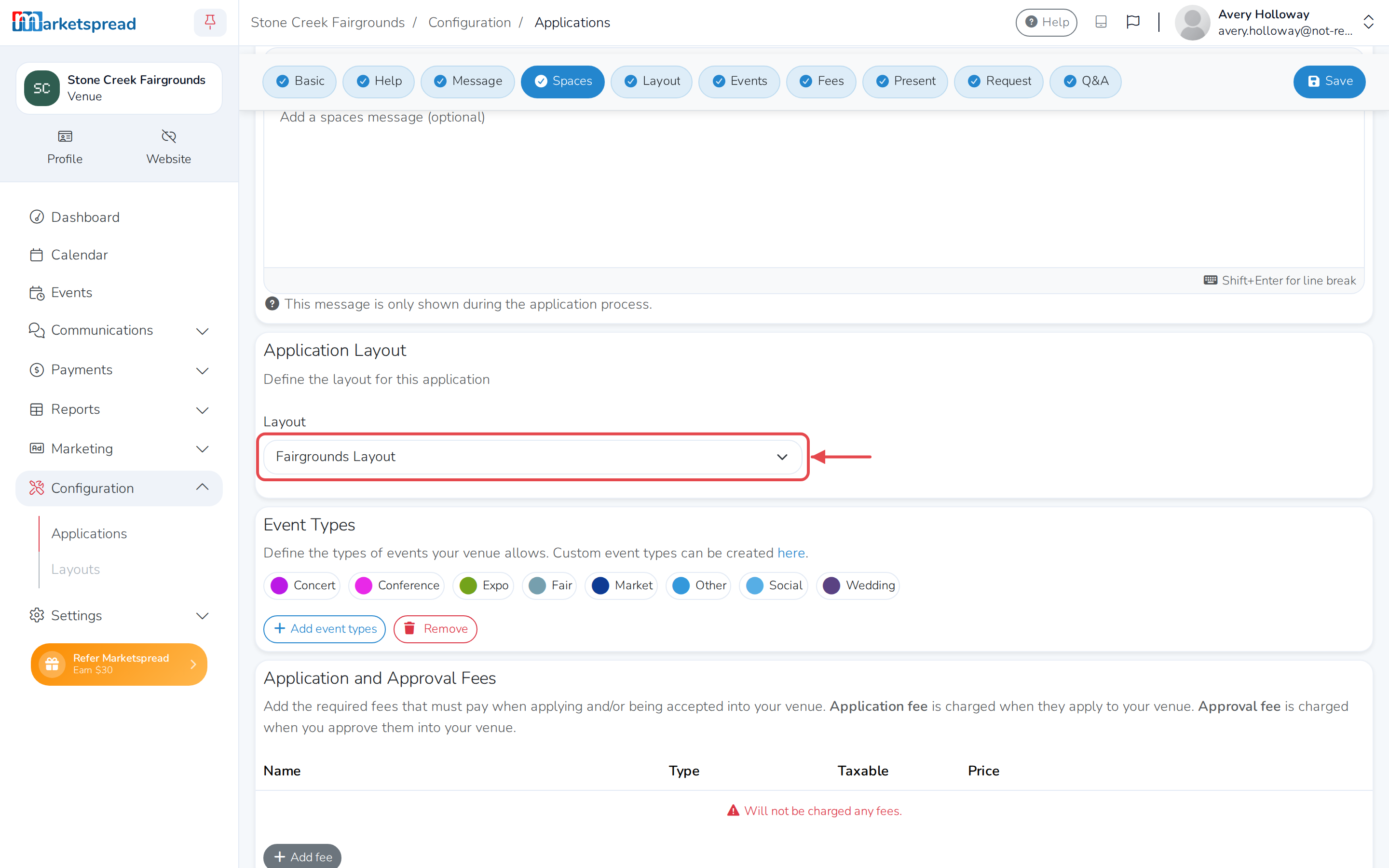 The application form's Layout section, with a layout chosen