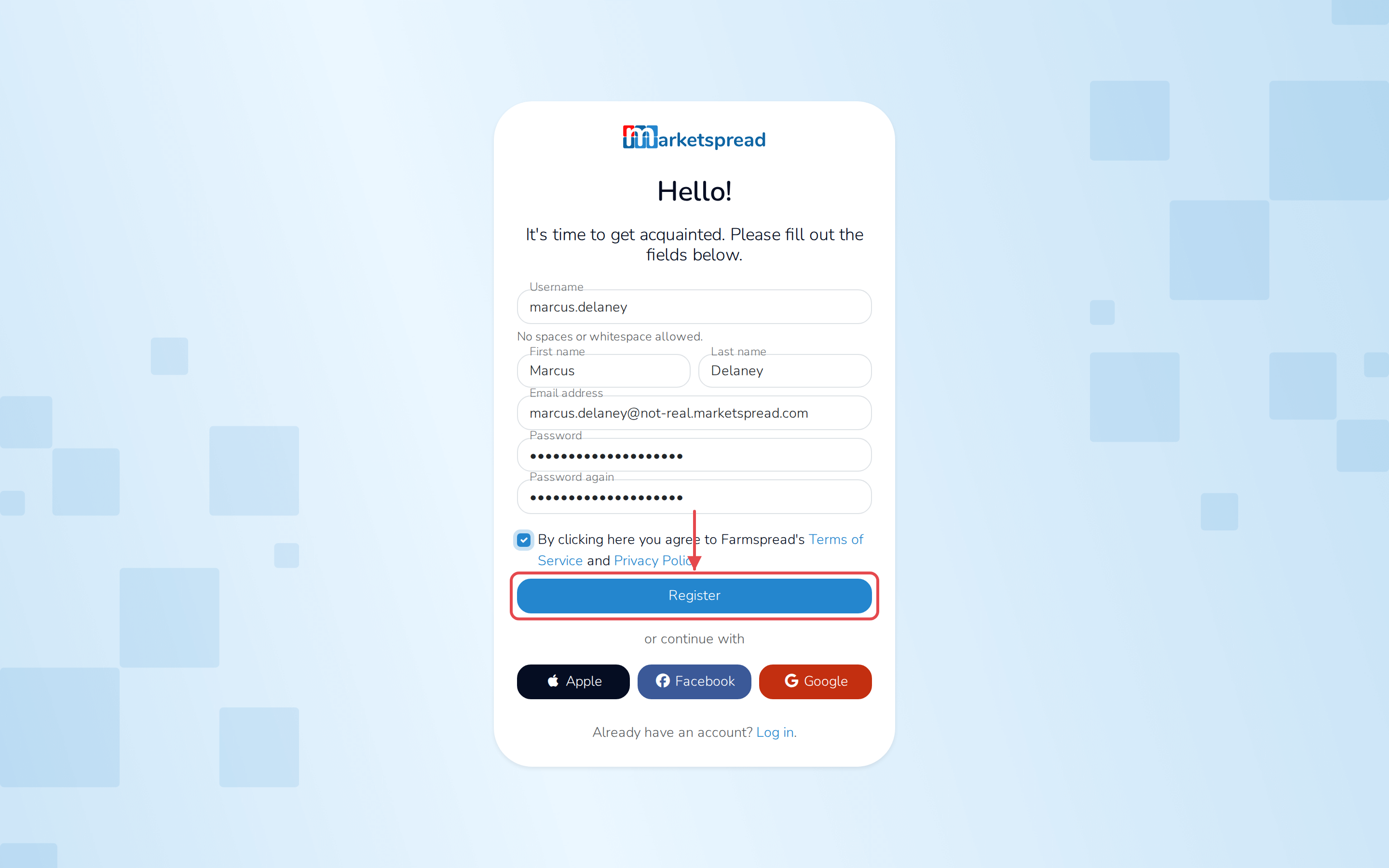 The sign up form, filled in and ready to submit