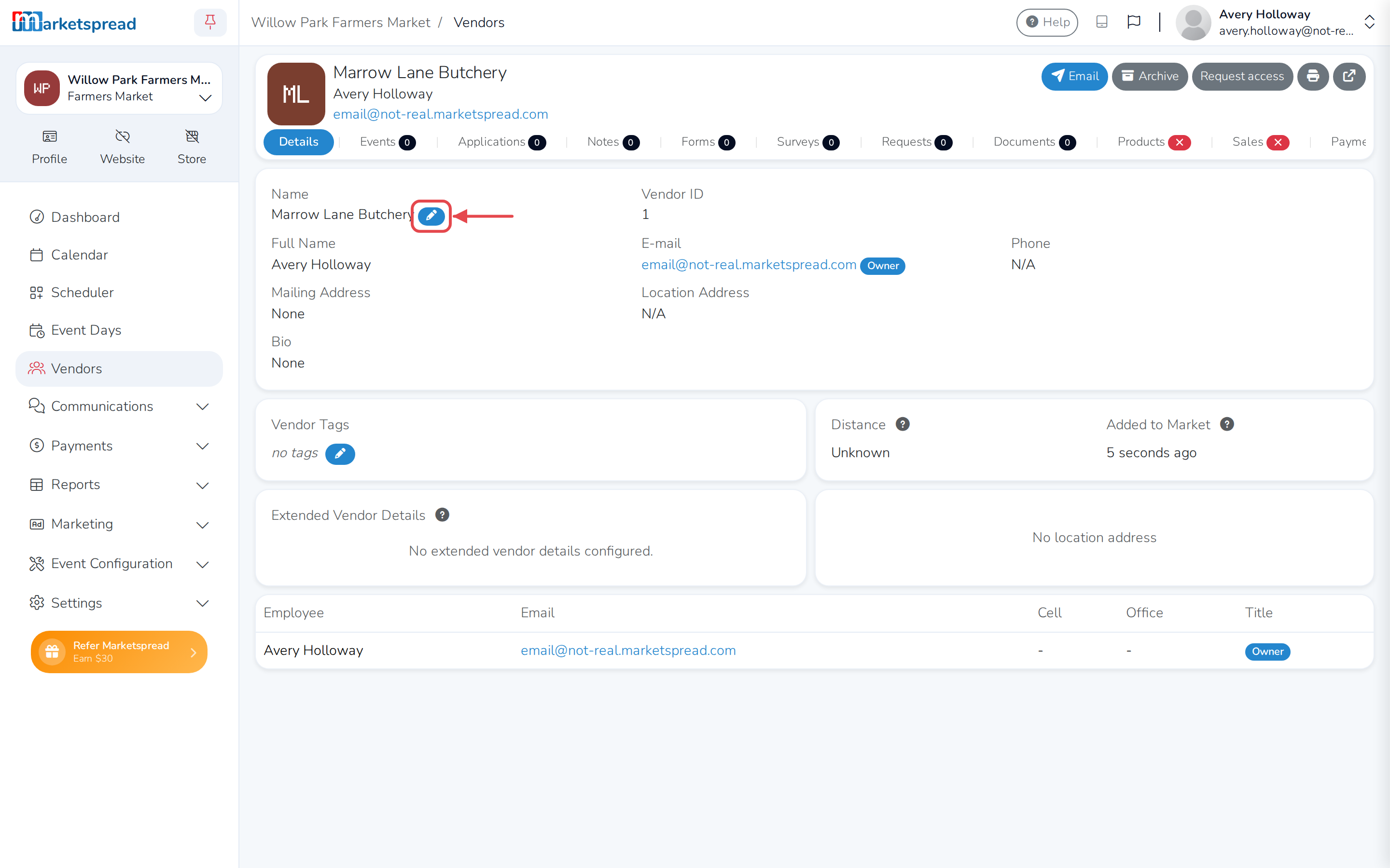 The vendor's page, with the pencil icon next to their name