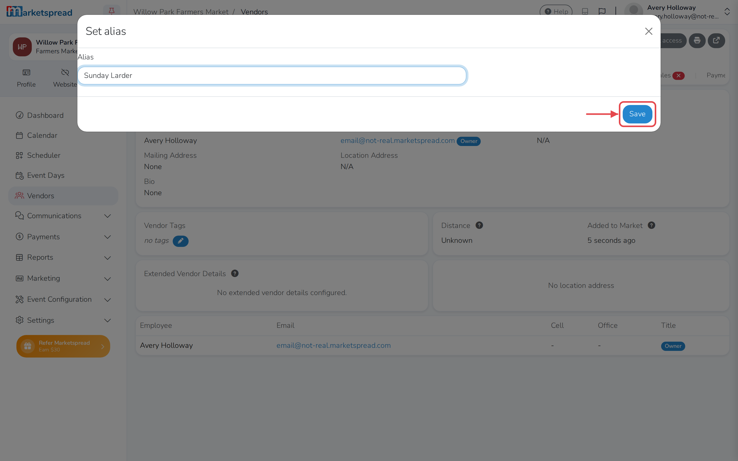 The Alias field, filled in and ready to save