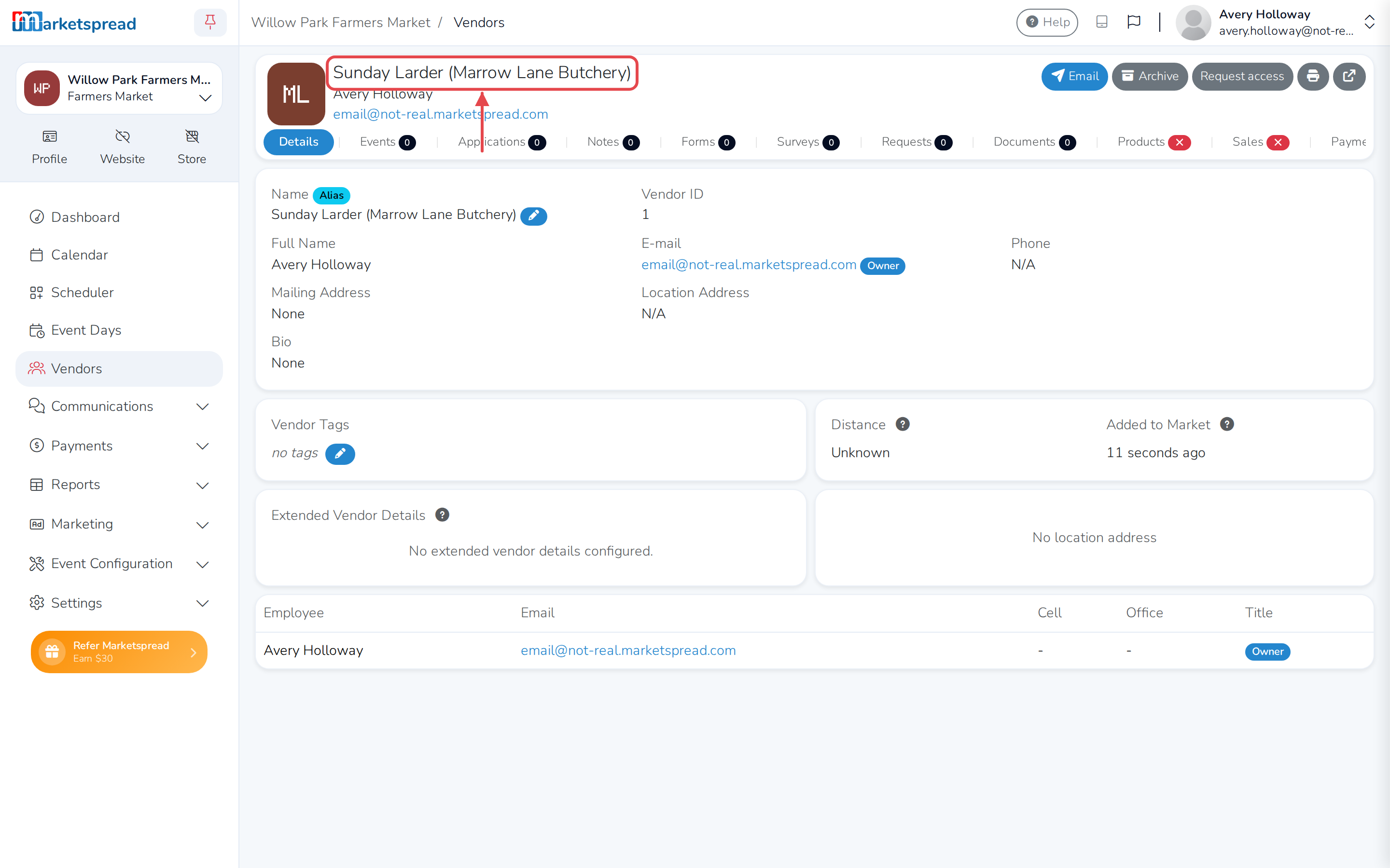 The vendor's page, now showing as alias (real name)