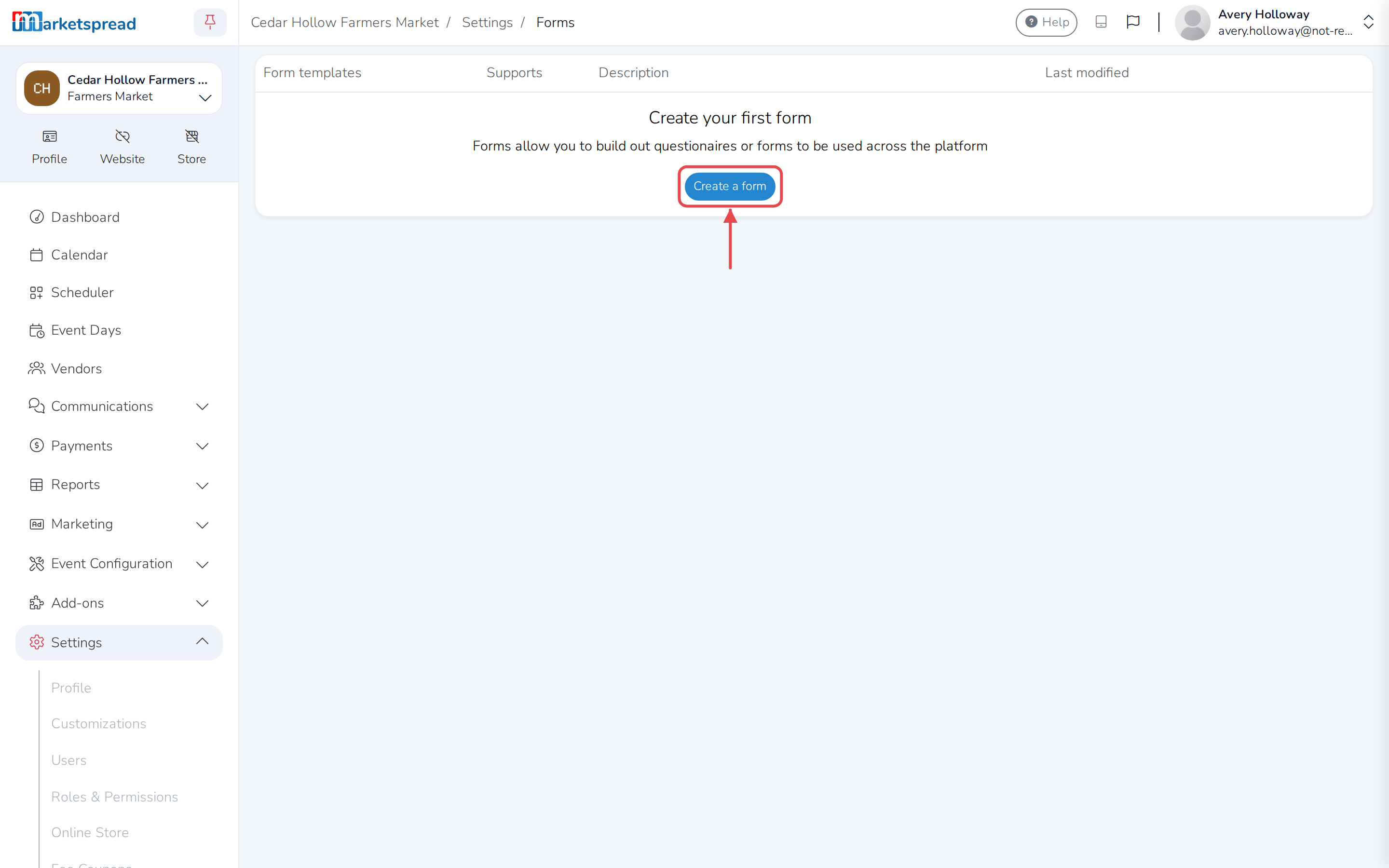 The Forms page, with the Create a form button