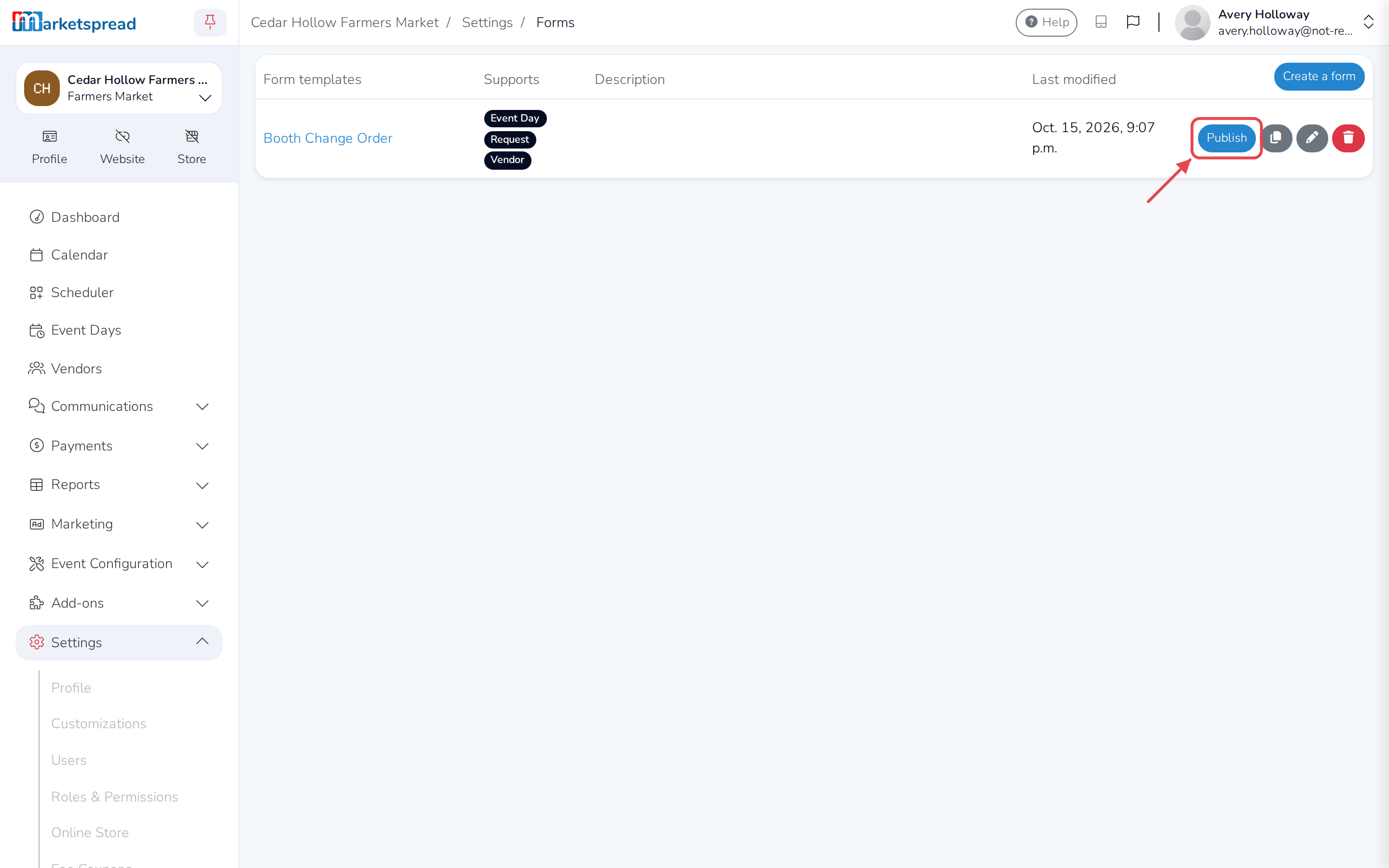 The Forms page, with the new draft form and its Publish button
