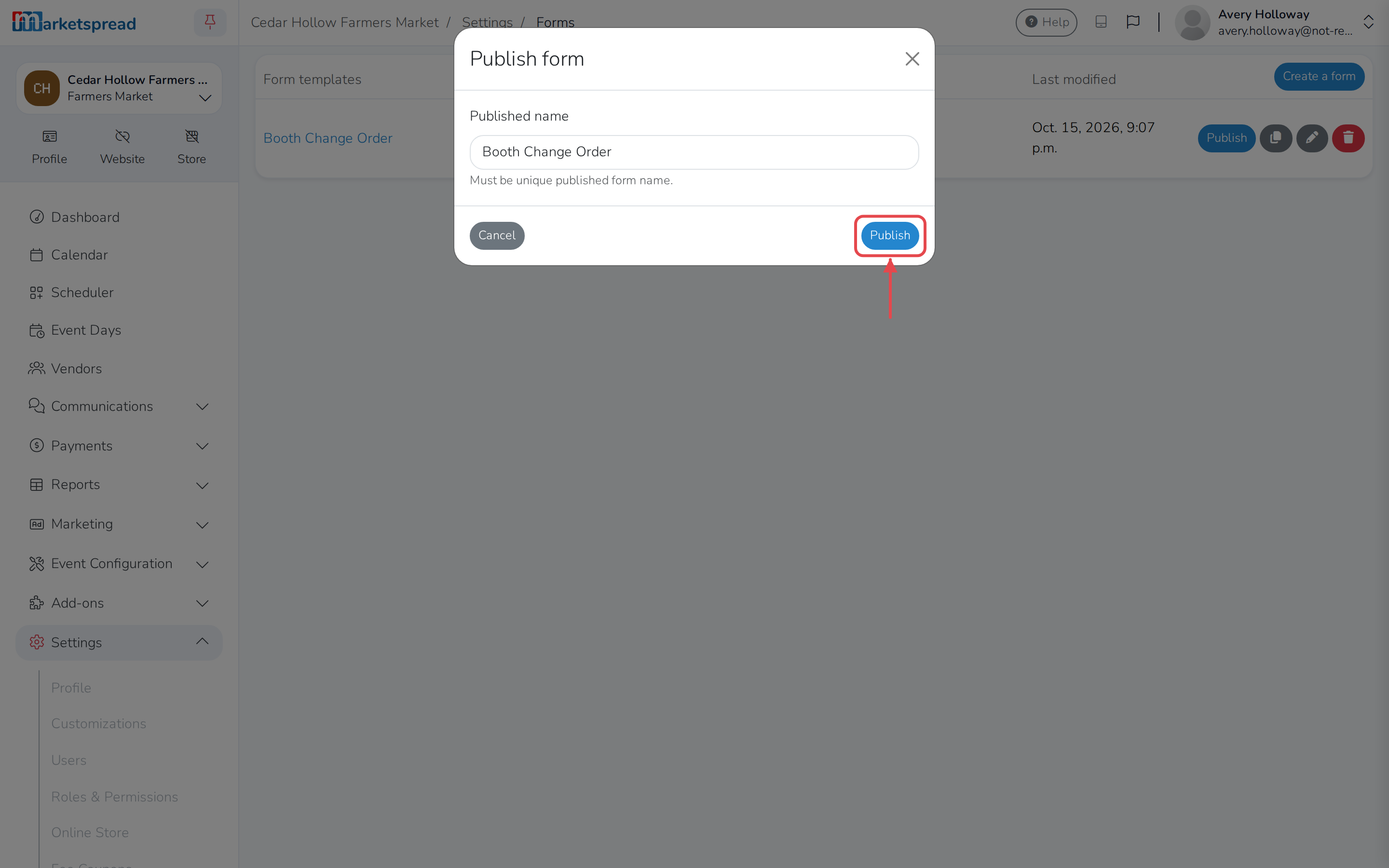 The Publish form dialog, with a published name filled in