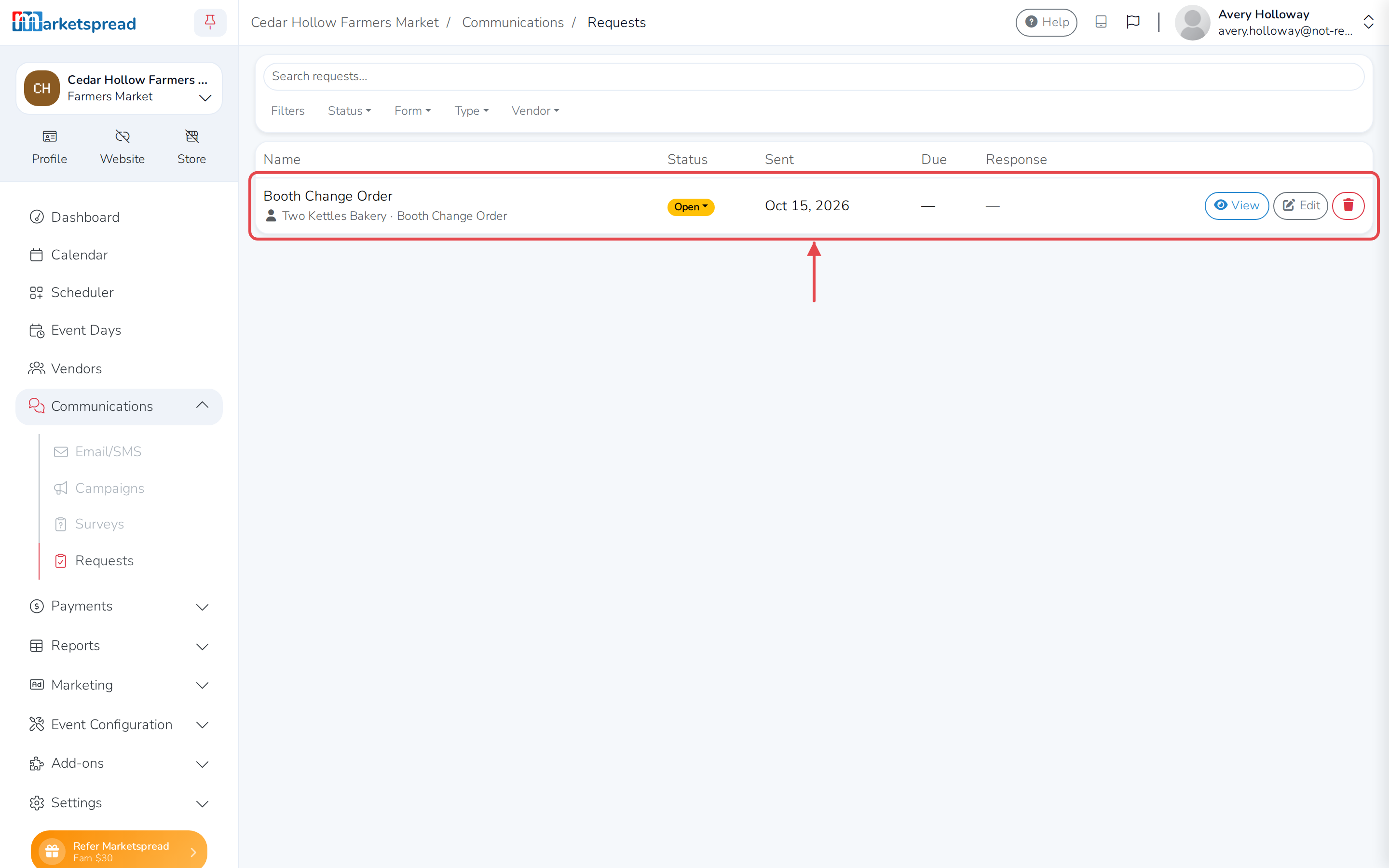 The Requests page, with the sent request's row, its status, and the View, Edit and delete actions