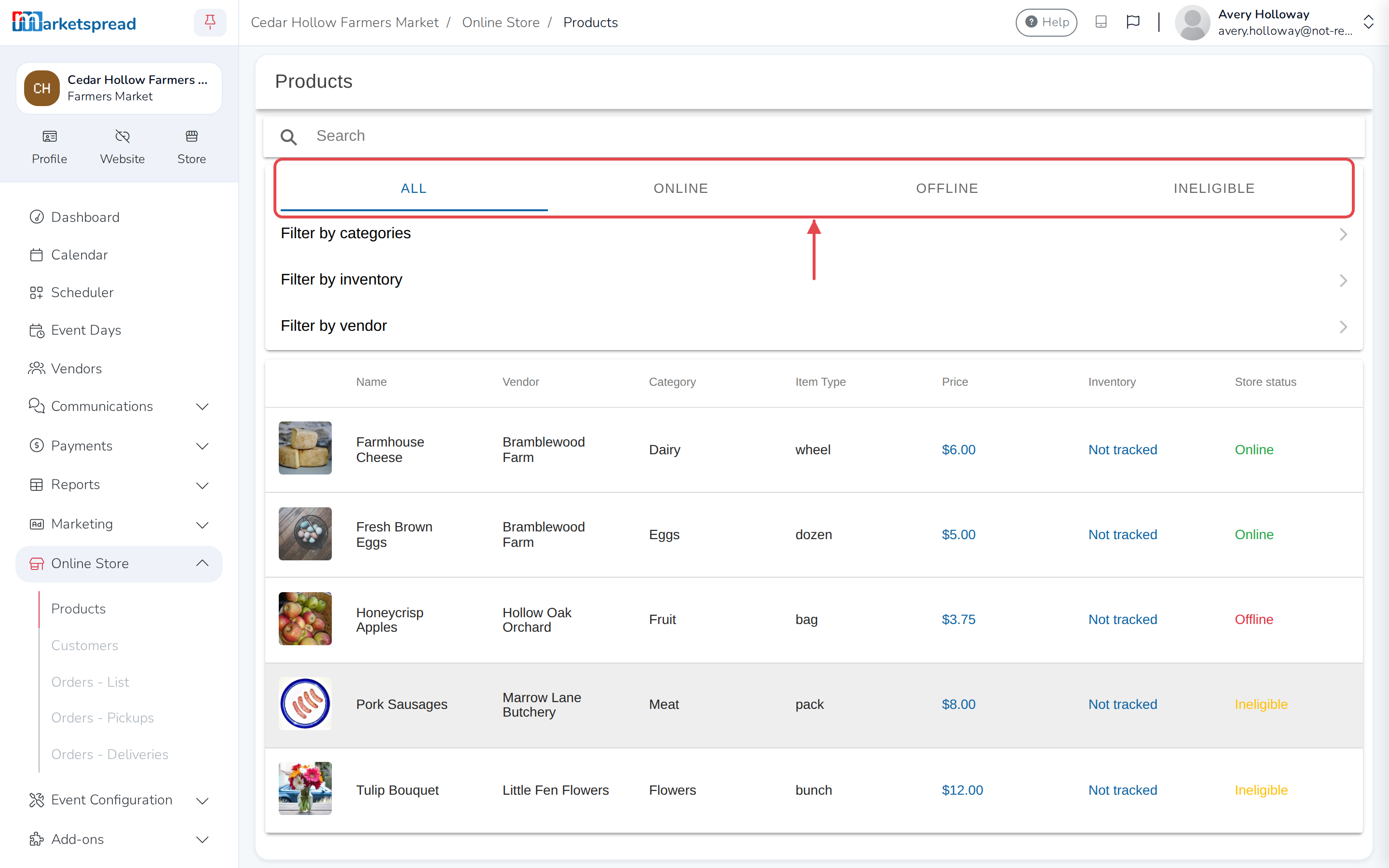 The Products page, with each vendor's products and their Store status