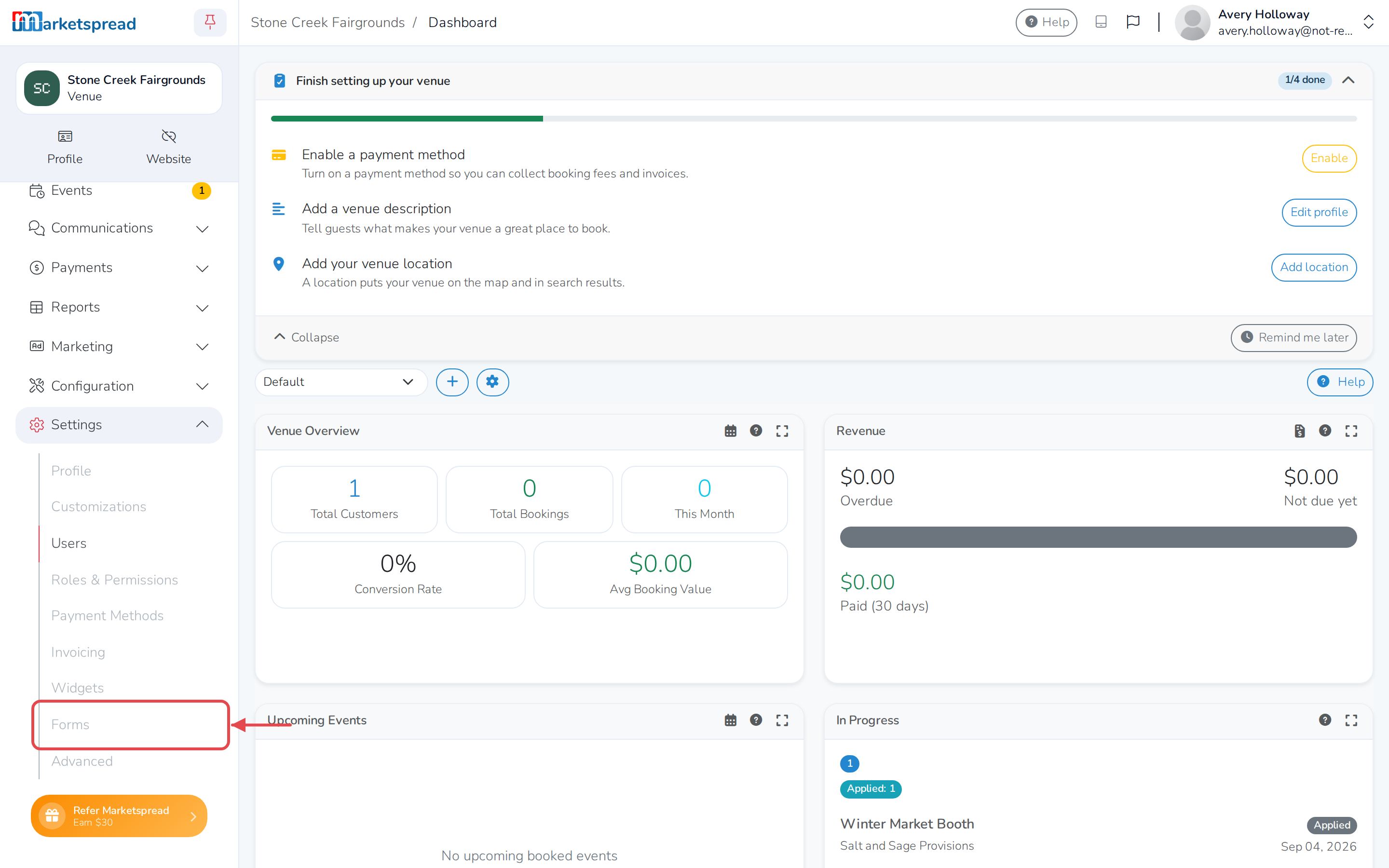 The venue dashboard sidebar, with Settings open to show Forms