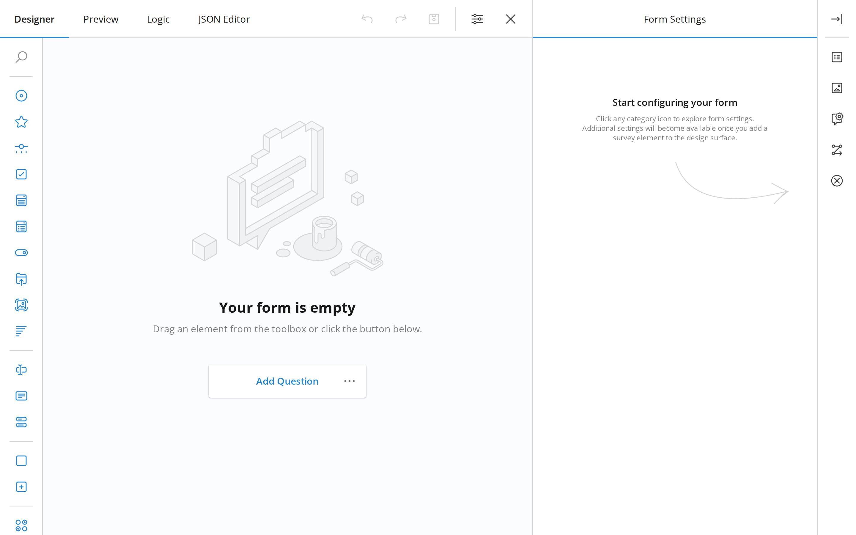 The form editor, where a form gets its title and questions