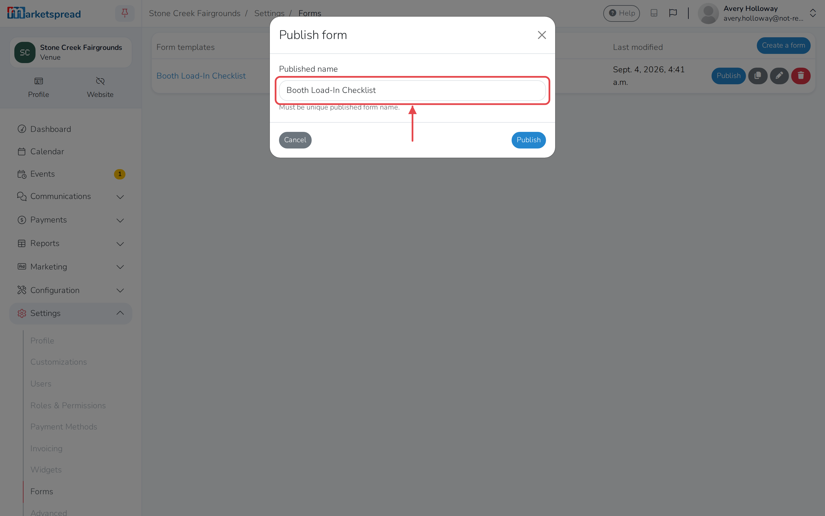 The Publish form dialog, with the Published name field