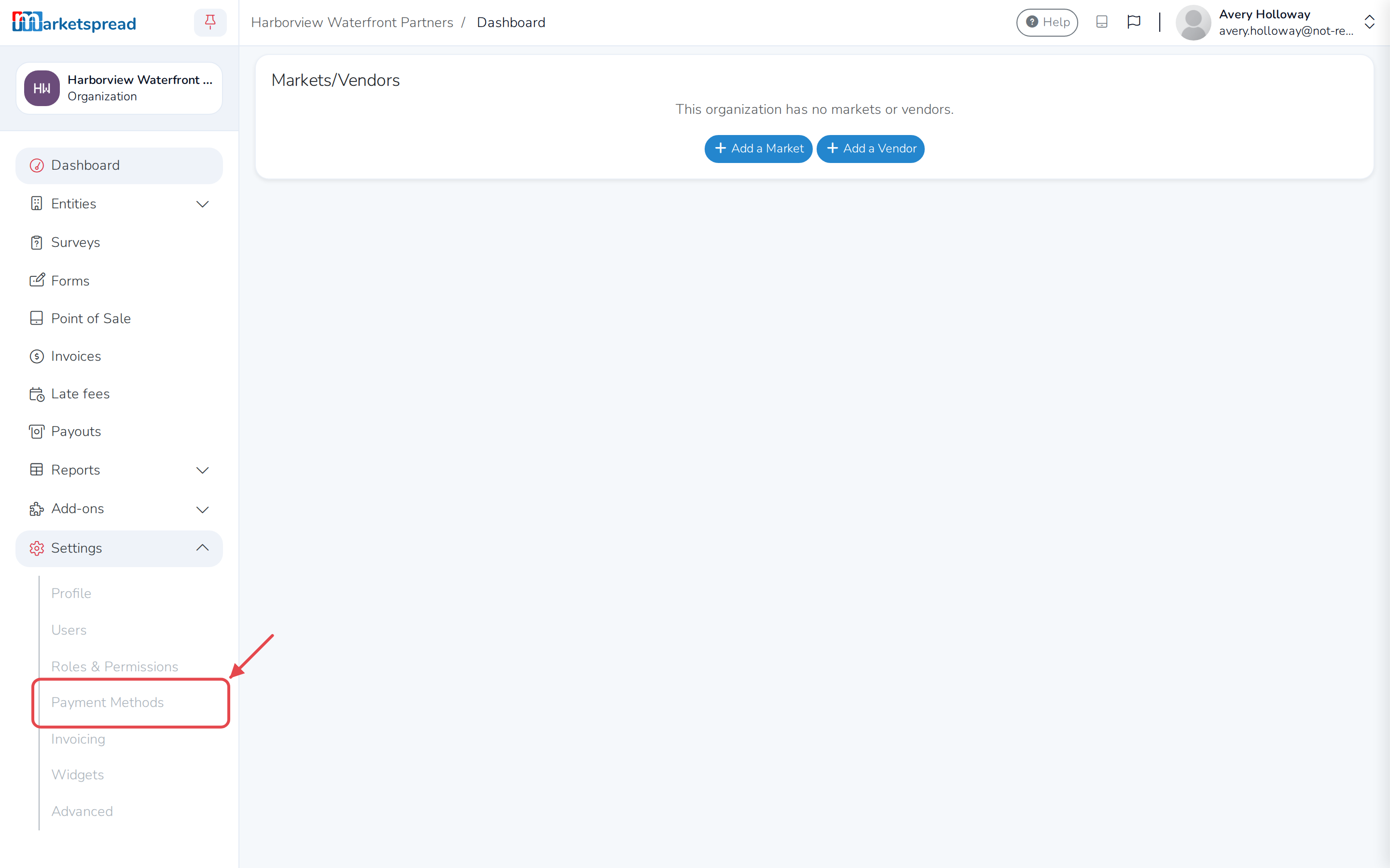 The organization's Settings menu, with Payment Methods