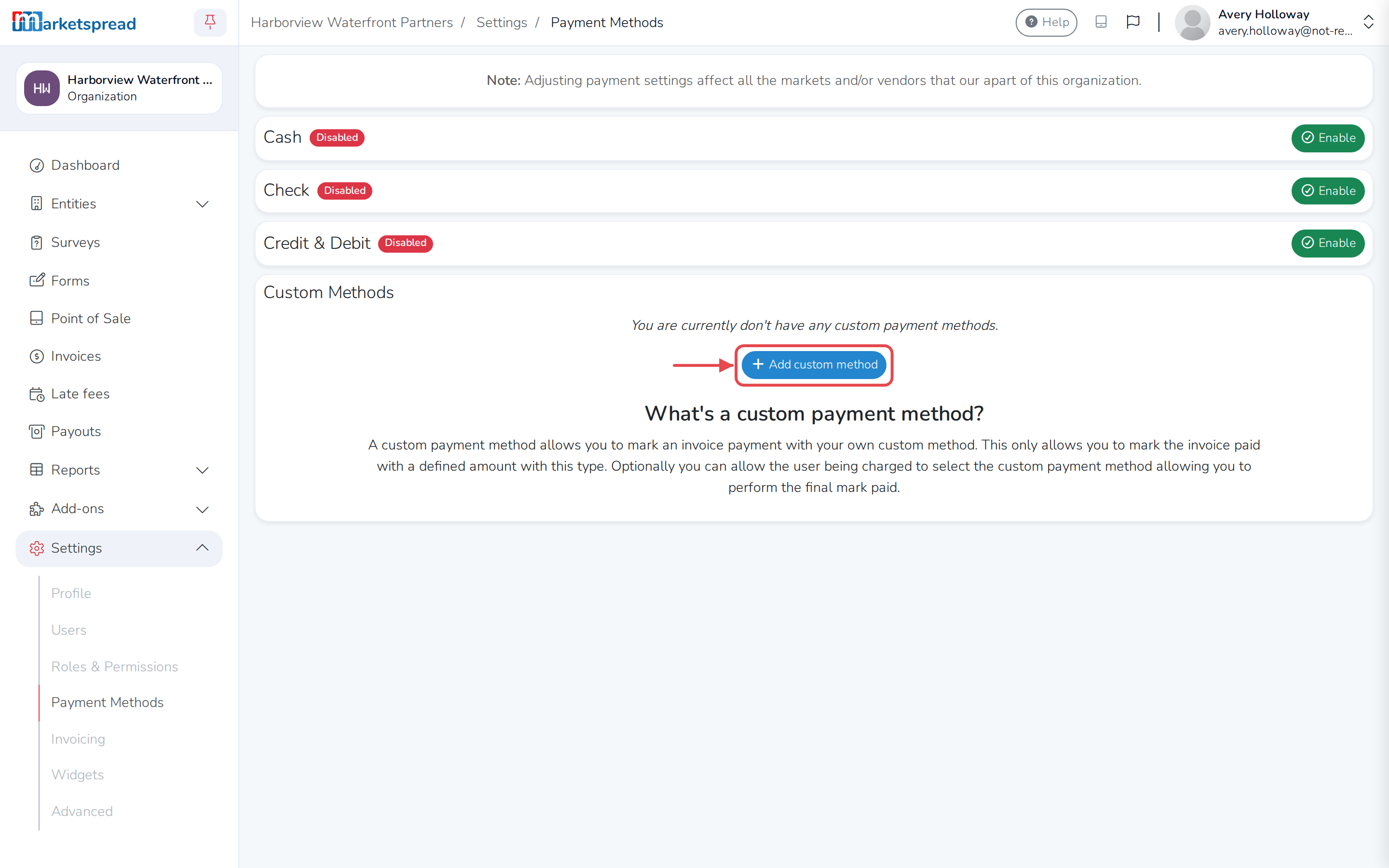 The Payment Methods page, with Add custom method under Custom Methods