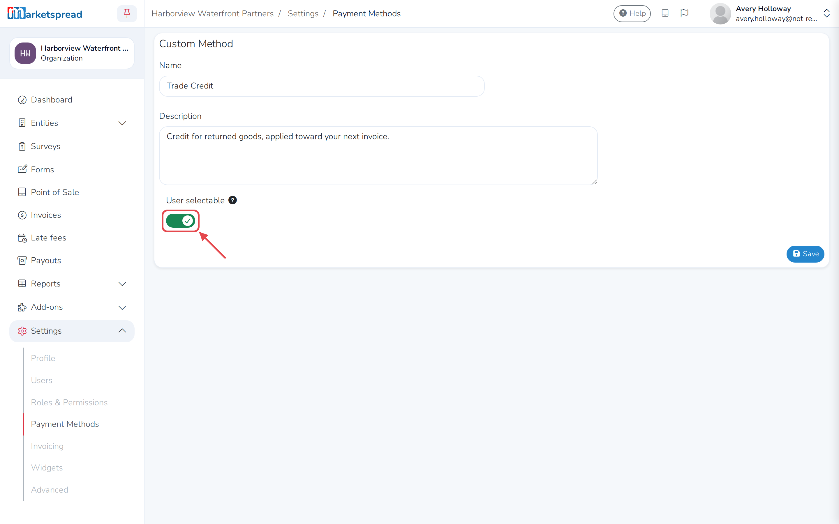 Turning on User selectable so a vendor can choose Trade Credit themselves