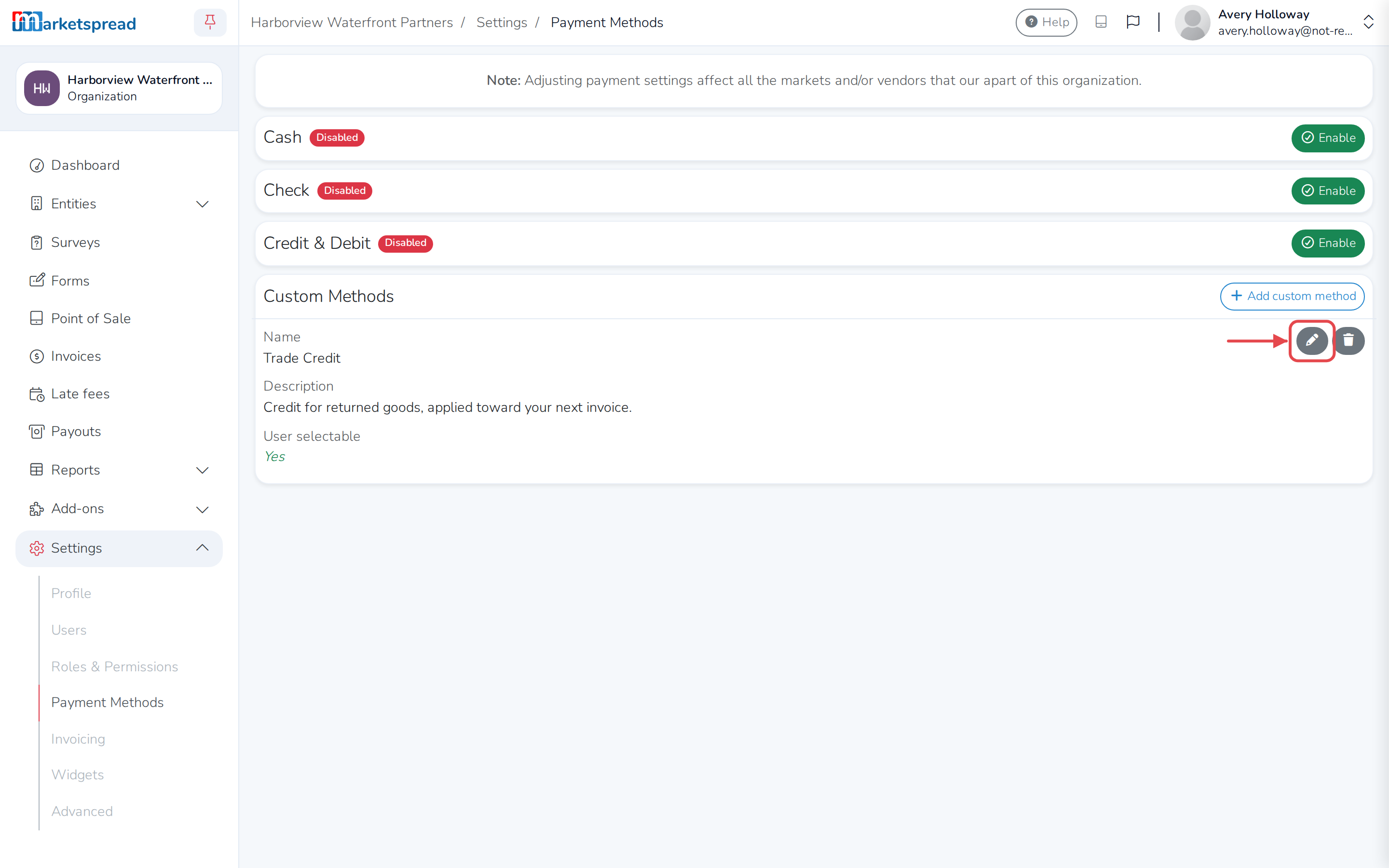 Trade Credit's Edit and Delete icons