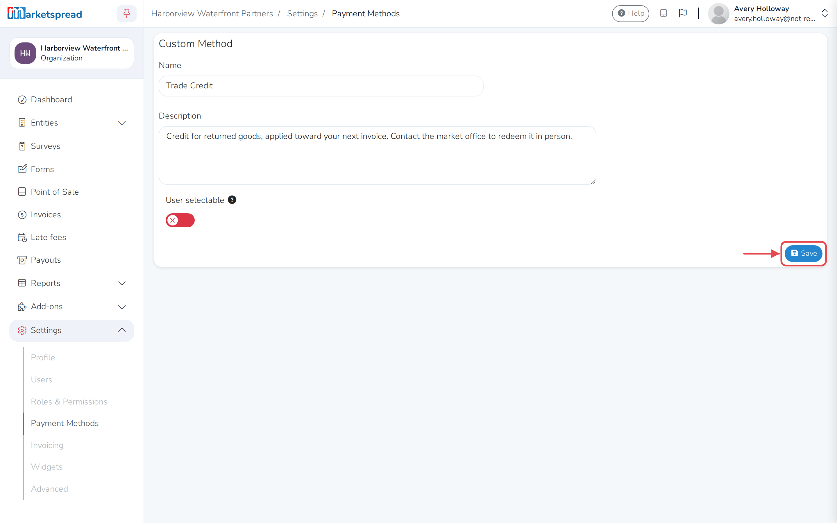 Trade Credit with its description updated and User selectable turned off, ready to save