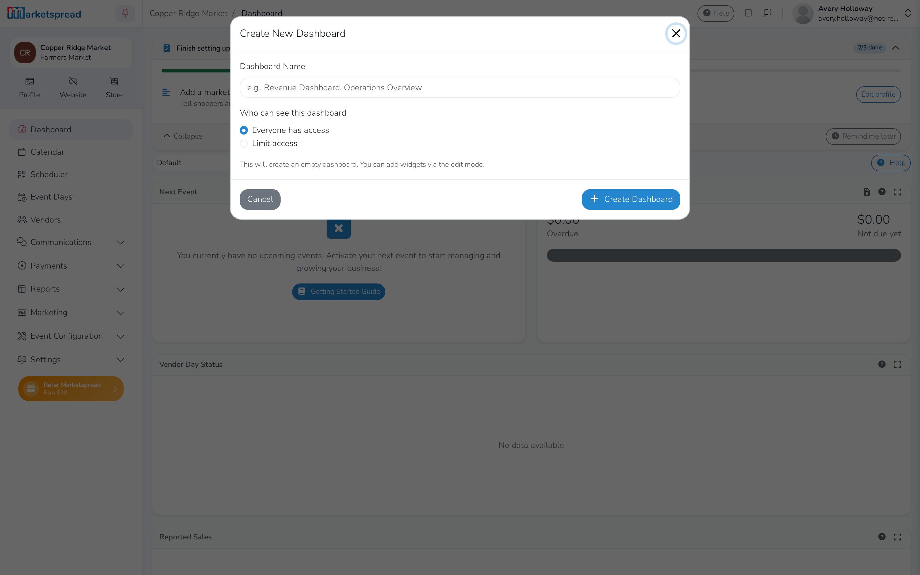 The Create New Dashboard form, with a name field and who can see it