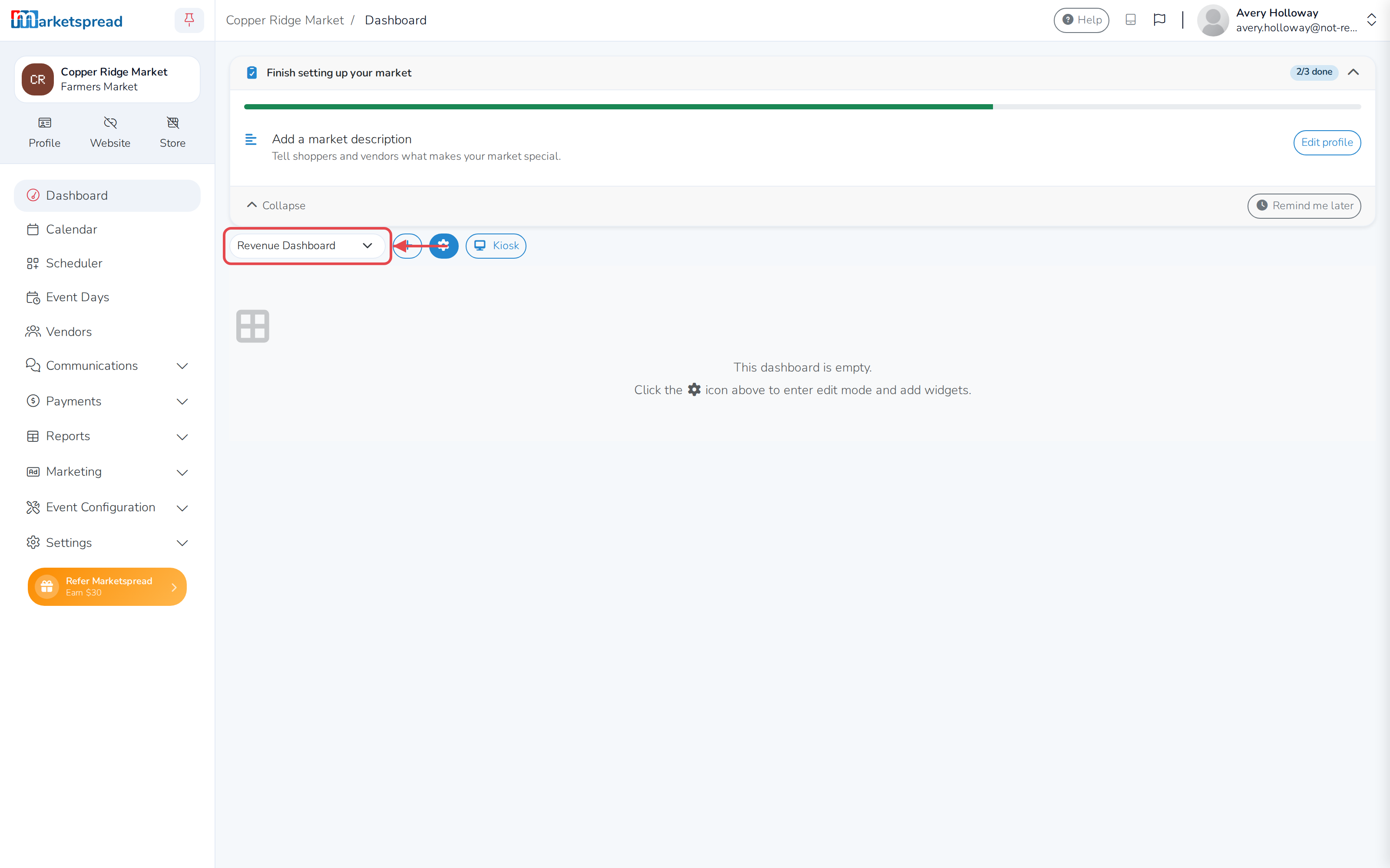 Your dashboard's name at the top of the screen, which switches dashboards when you click it