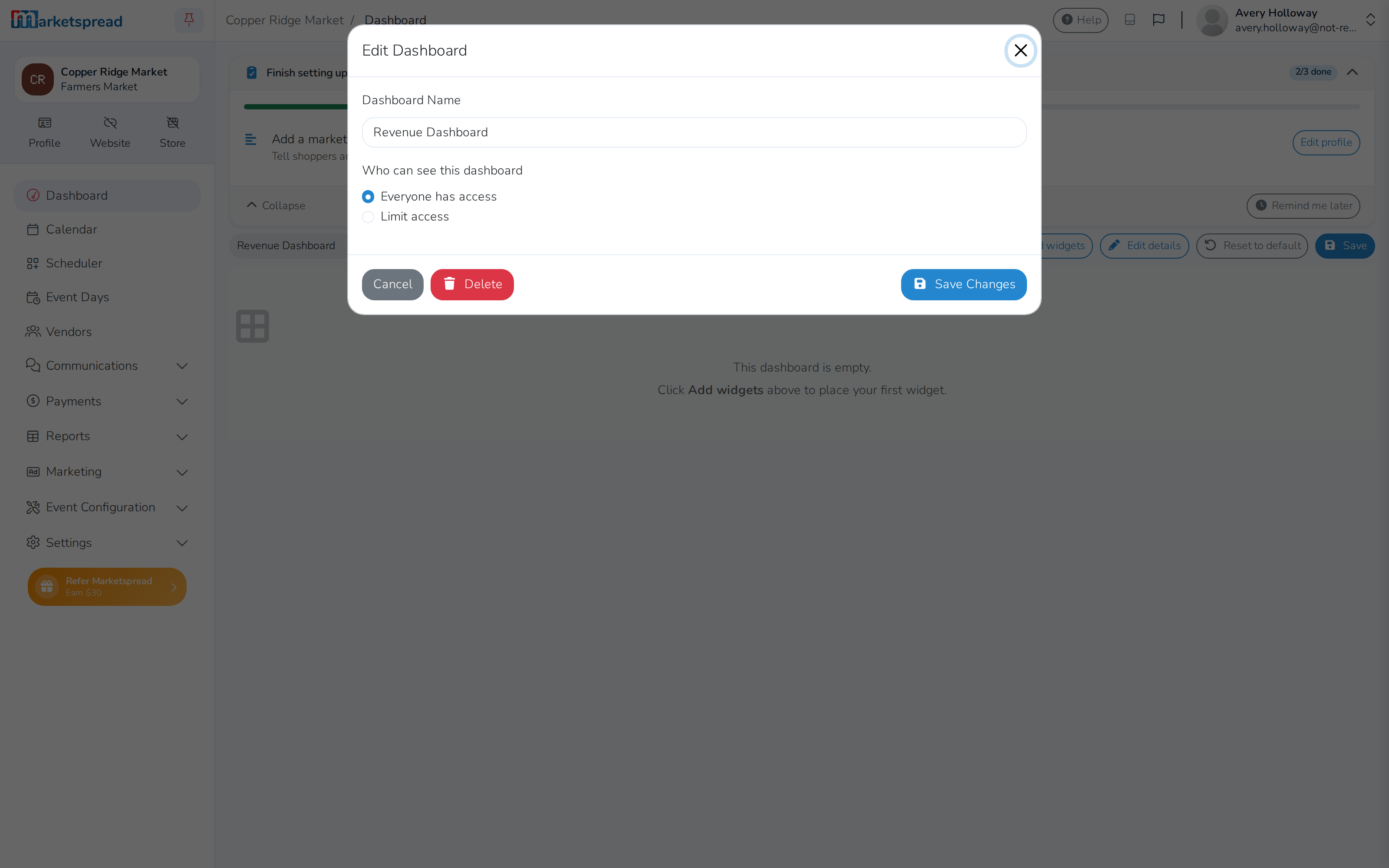 The Edit Dashboard form, to rename a dashboard or change who can see it
