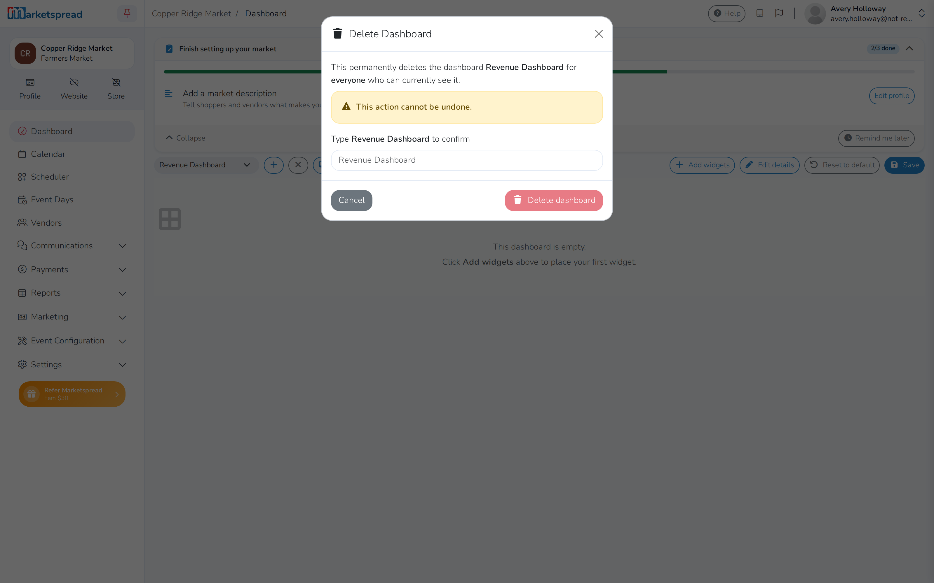 The type-to-confirm step for deleting a dashboard, with the dashboard's name to retype