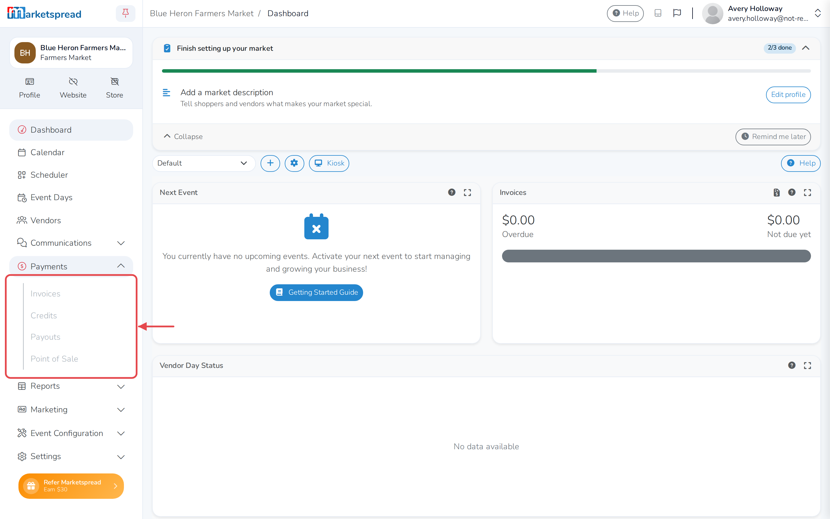 Payments open, with Invoices and Payouts underneath