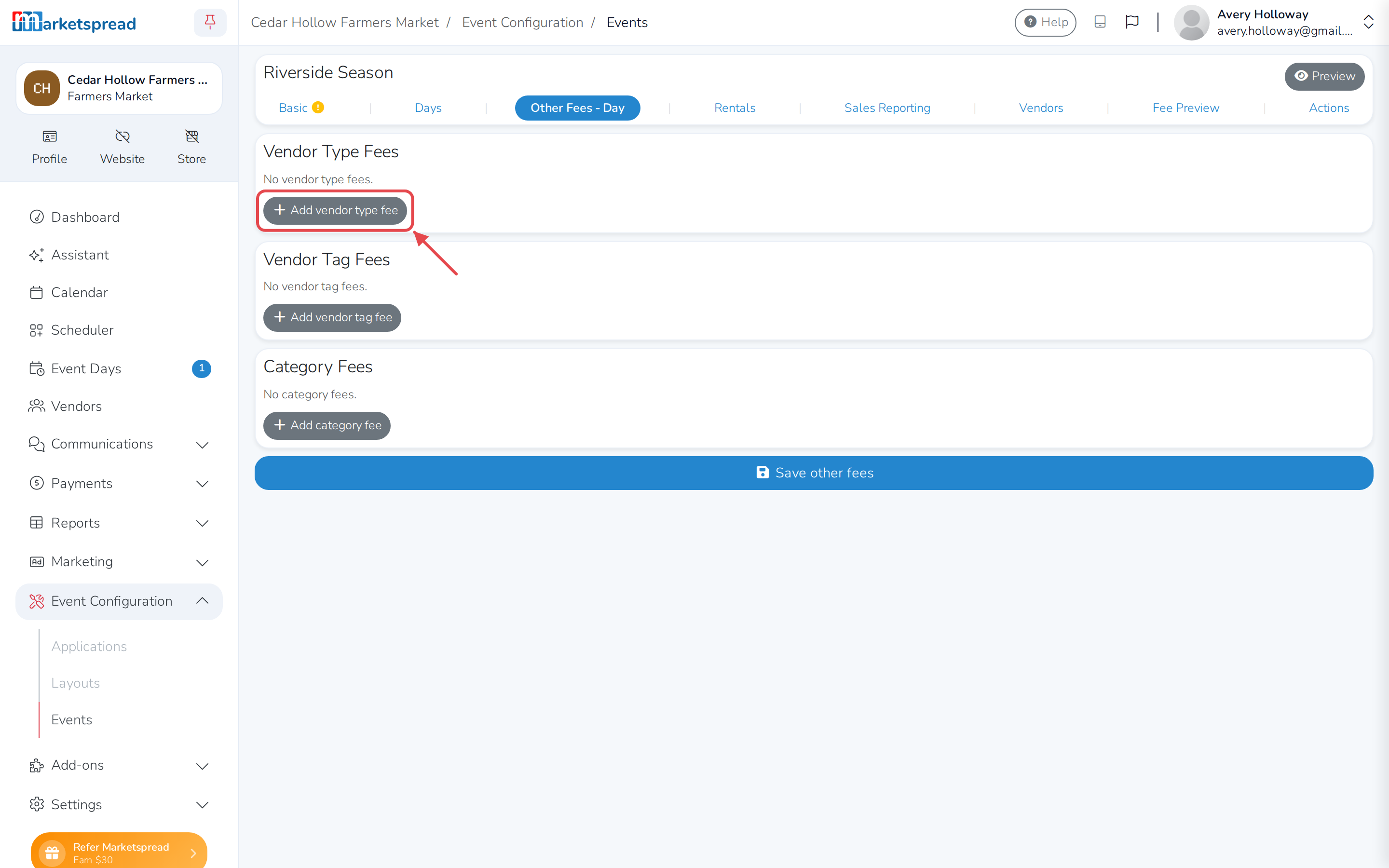 The Other Fees editor, with an Add fee button for Vendor Type, Vendor Tag and Category