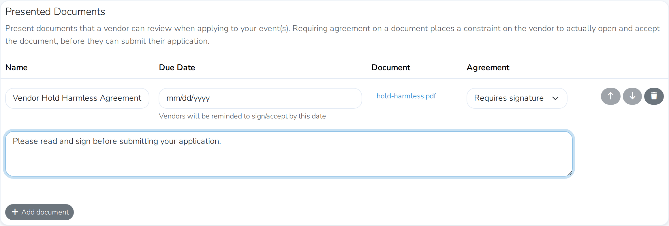 The Presented Documents form filled in: the file selected, Agreement set to Requires signature, and a description