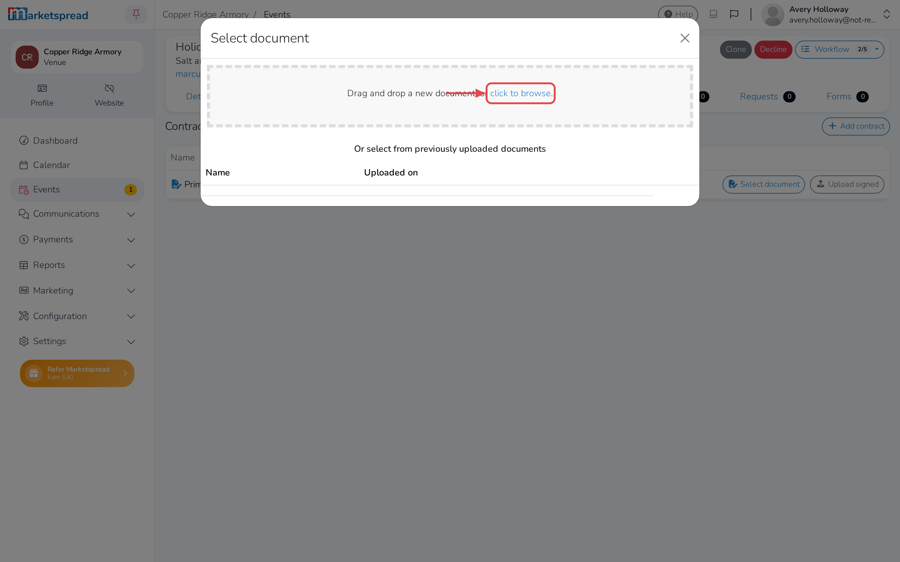 Choosing the contract file to send for signing