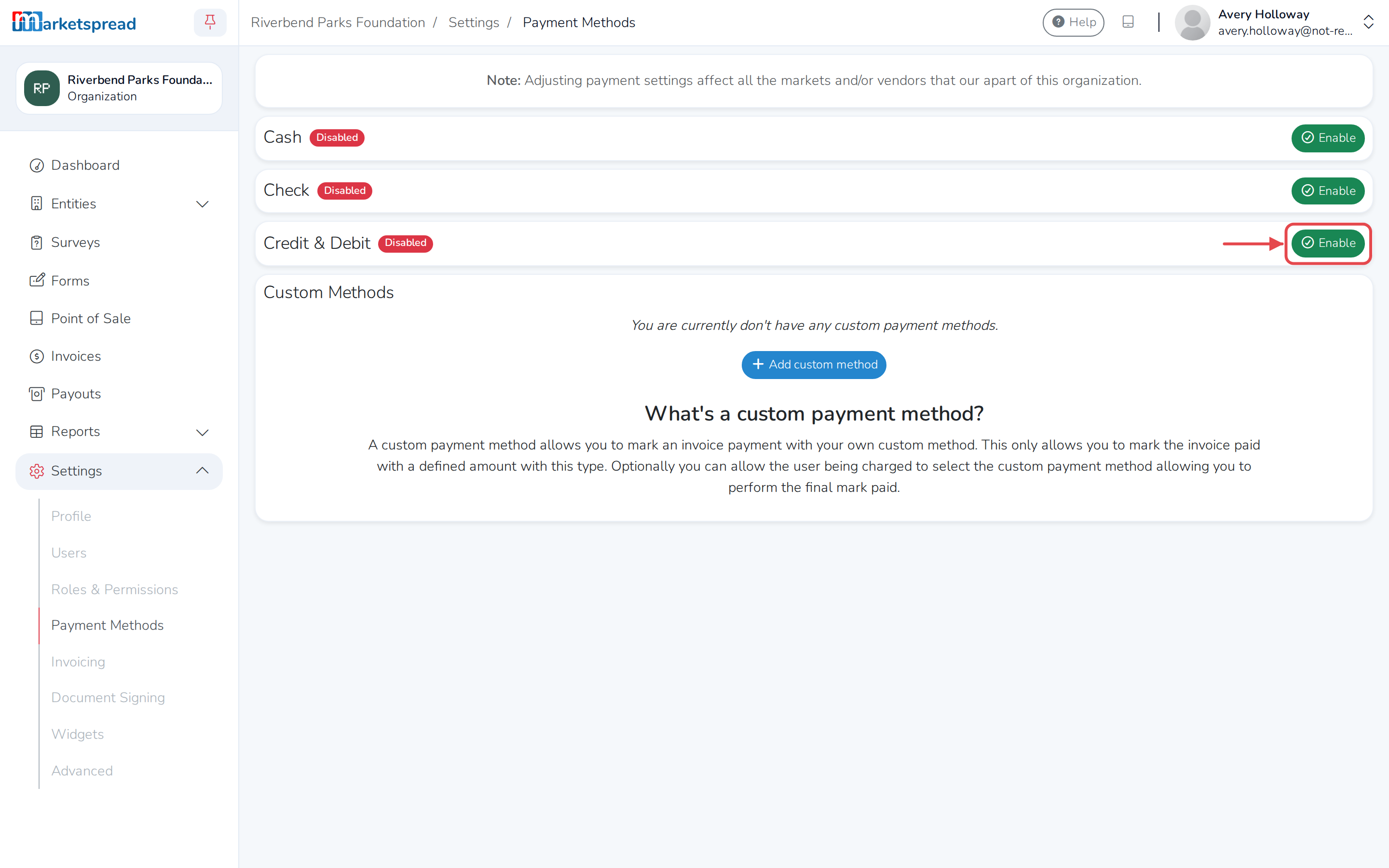 The Payment Methods page, with Credit & Debit's Enable button