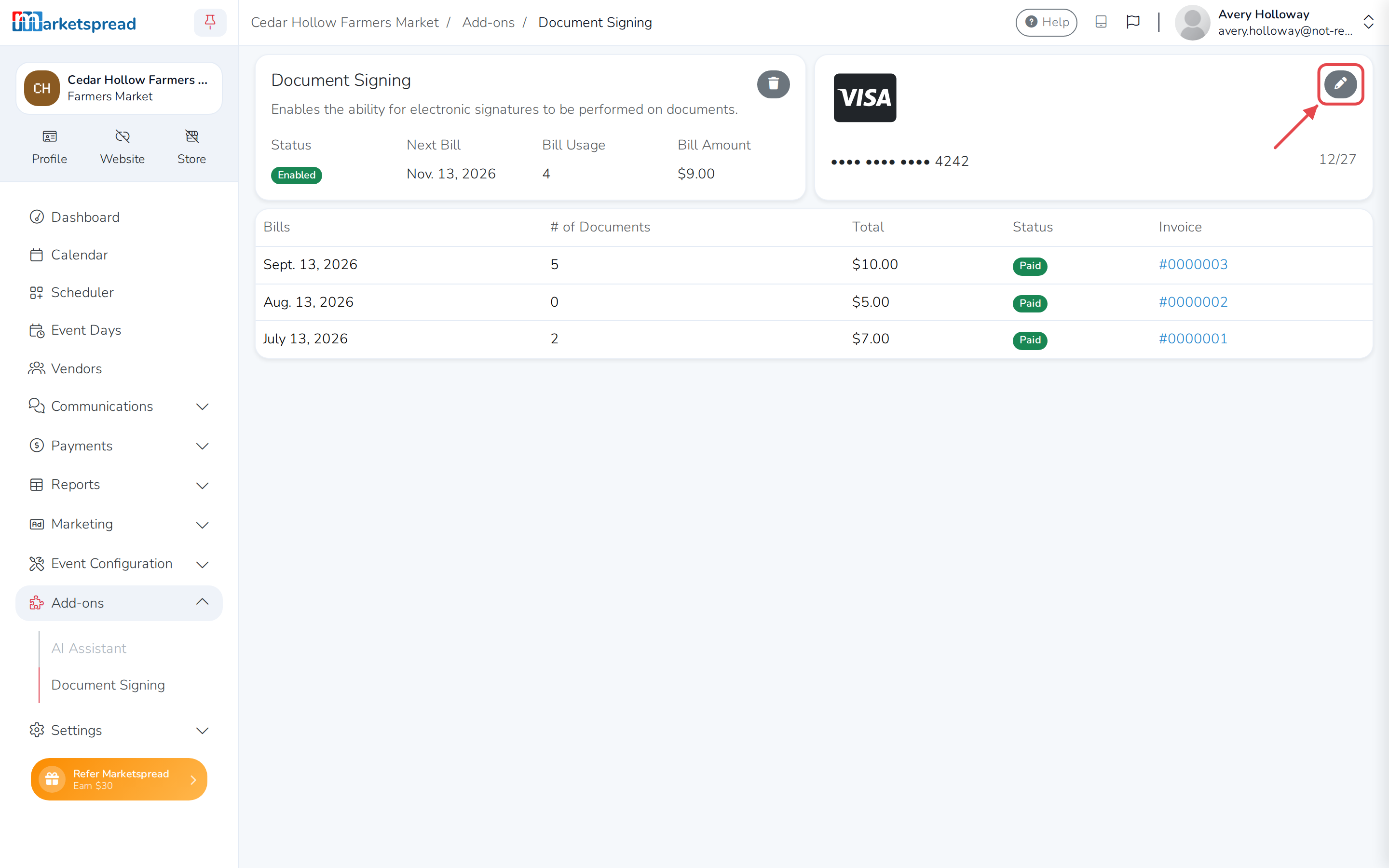 Document Signing turned on, with the card on file, past bills, and Status, Next Bill and Bill Usage