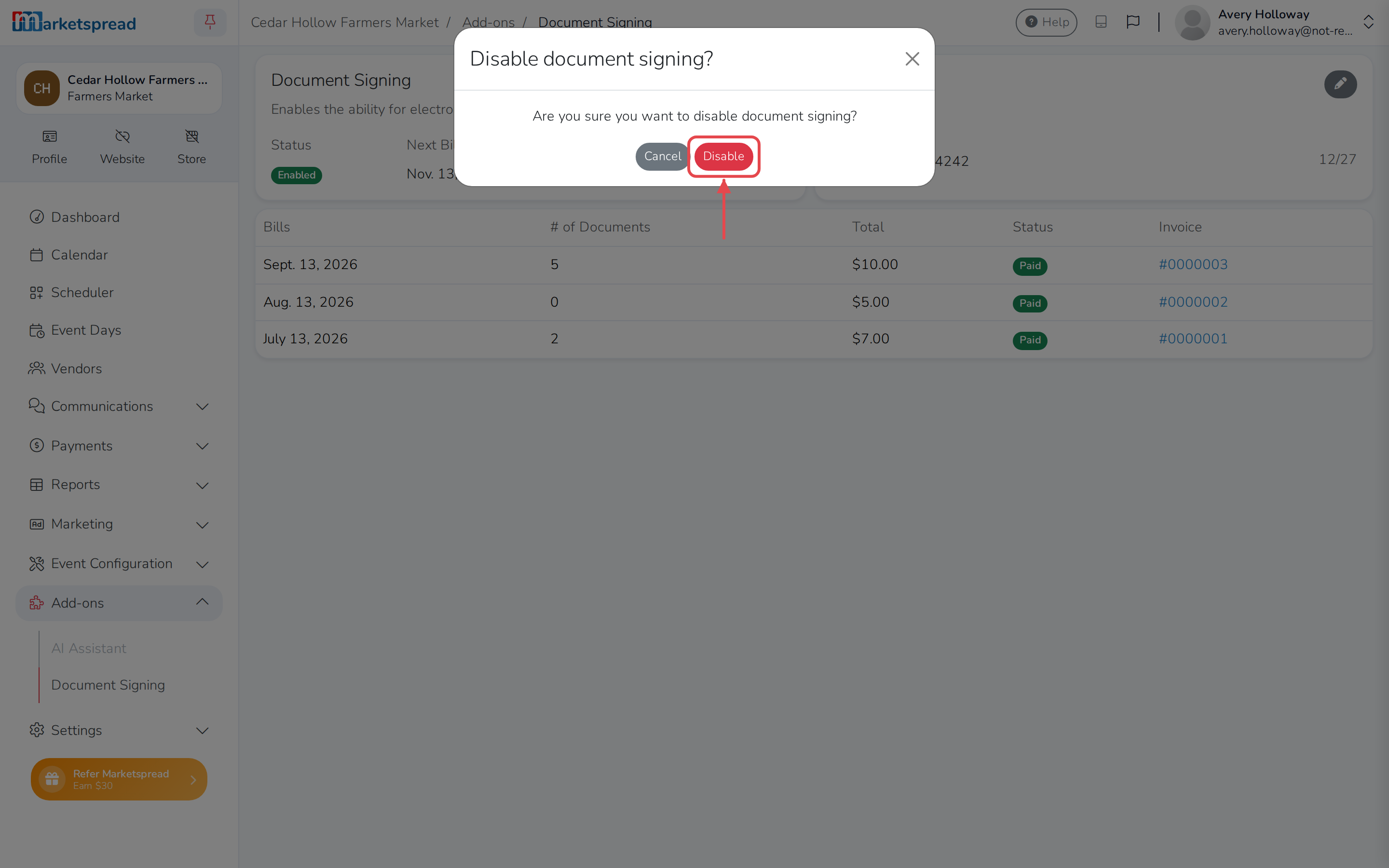 Confirming you want to disable document signing