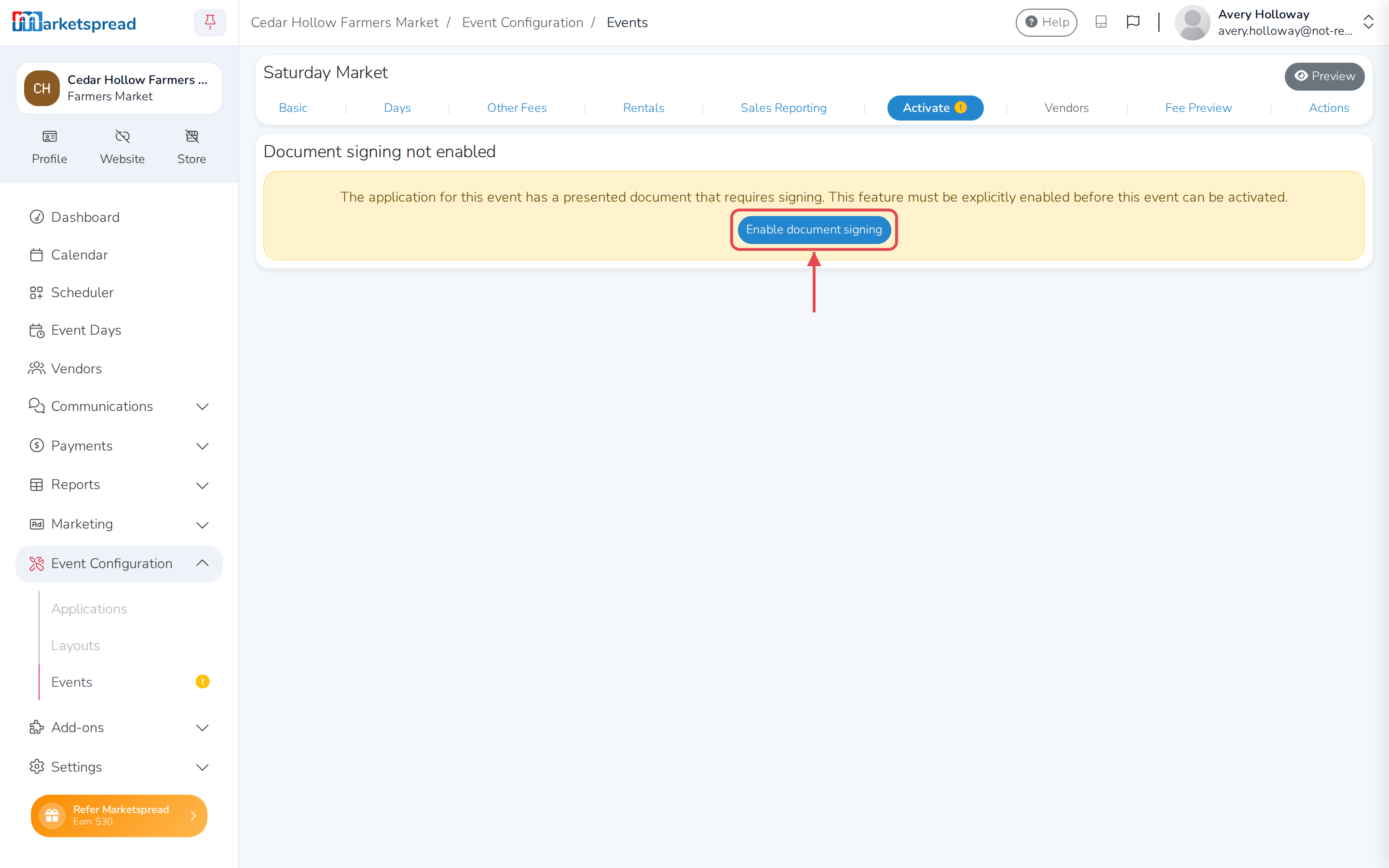 Trying to activate an event whose application needs a signature, with a notice and a shortcut to turn on document signing