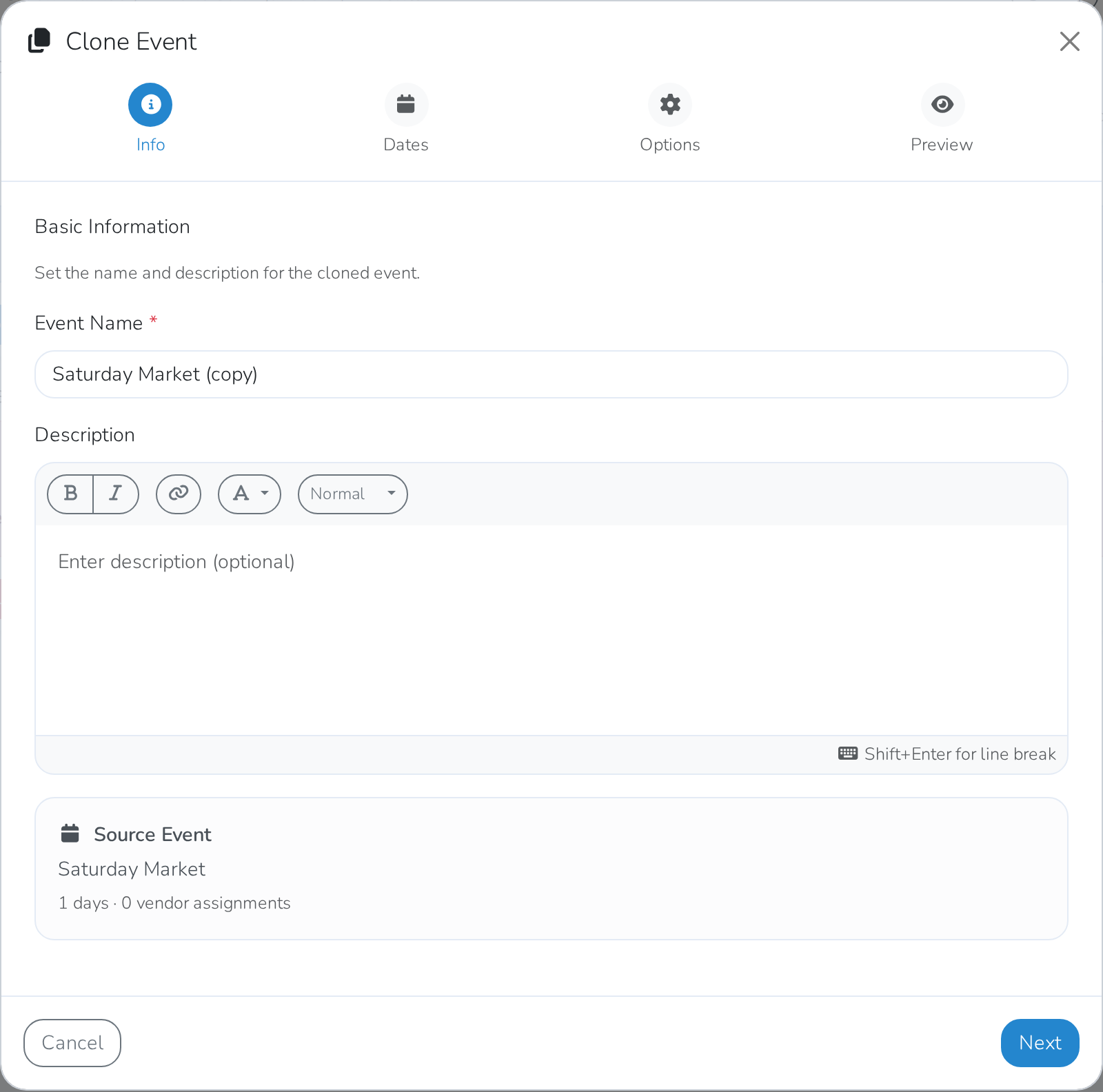 The clone wizard open to Info, the first of its four steps: Info, Dates, Options and Preview