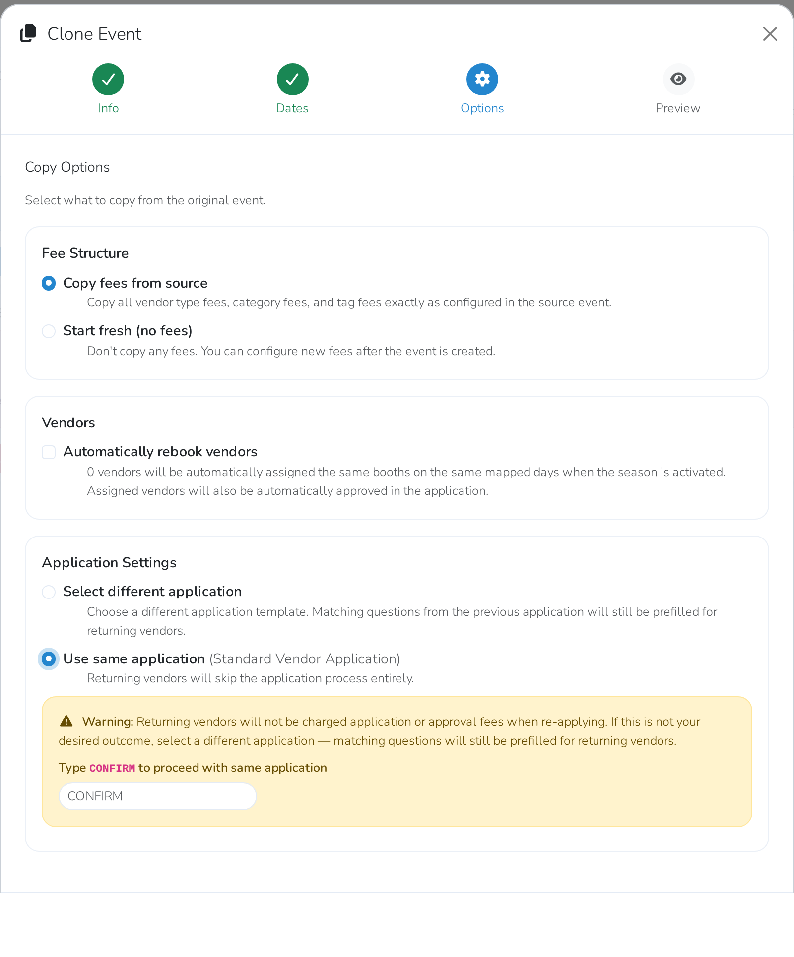 Application Settings on the Options step, set to Use same application