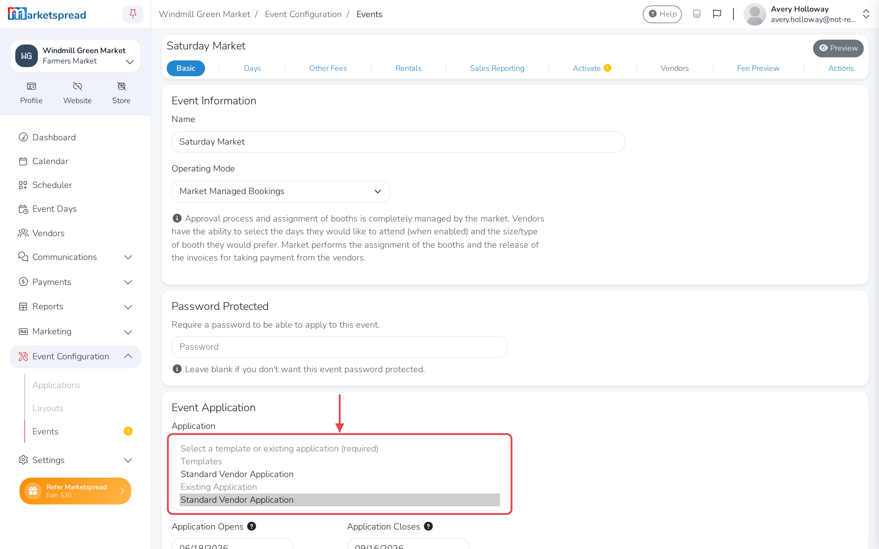 The Application list open, with Standard Vendor Application shown once under Templates and once under Existing Application