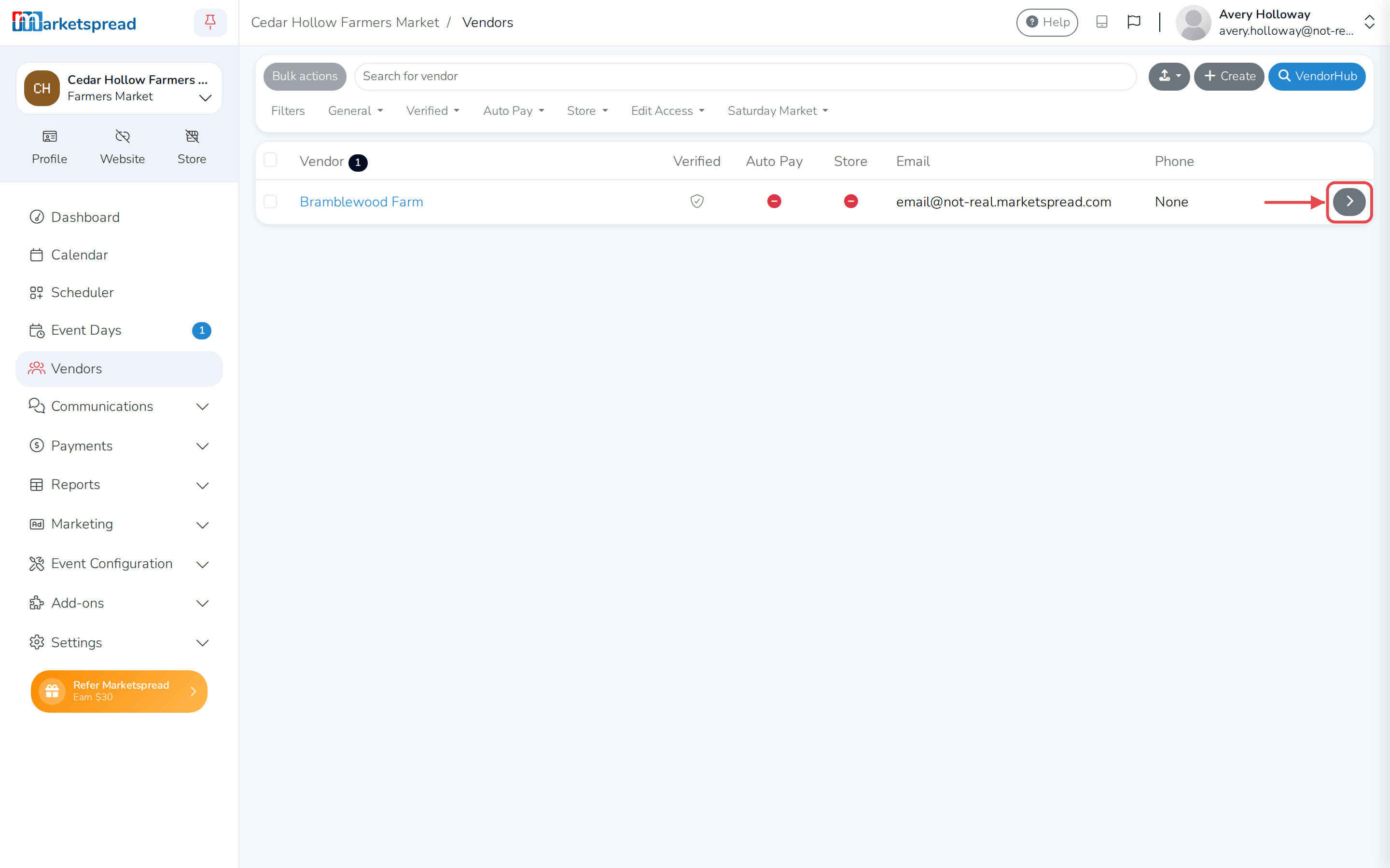 A vendor's row in the Vendors list, with the overview button highlighted