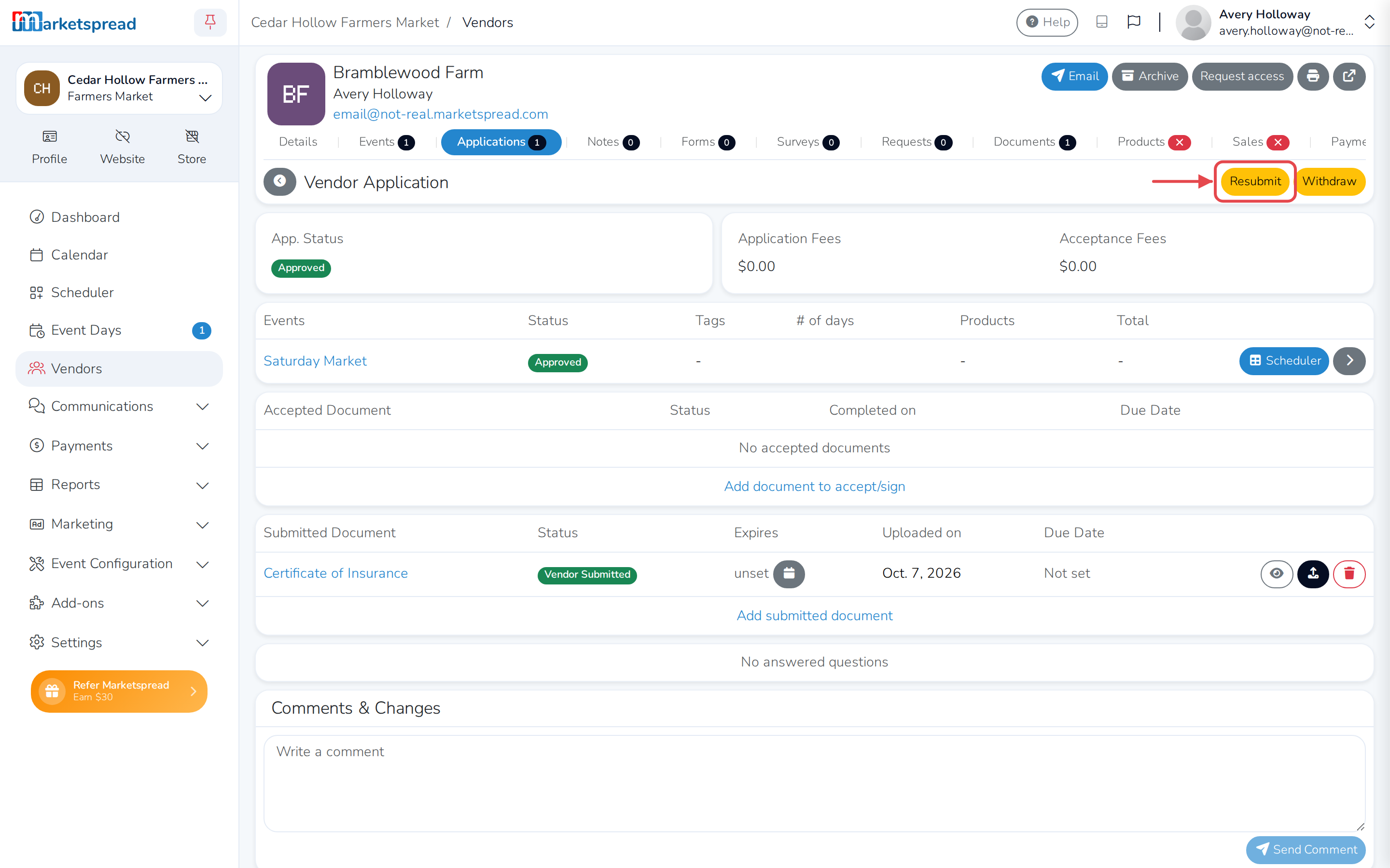 A vendor's application, Approved, with the Resubmit button highlighted