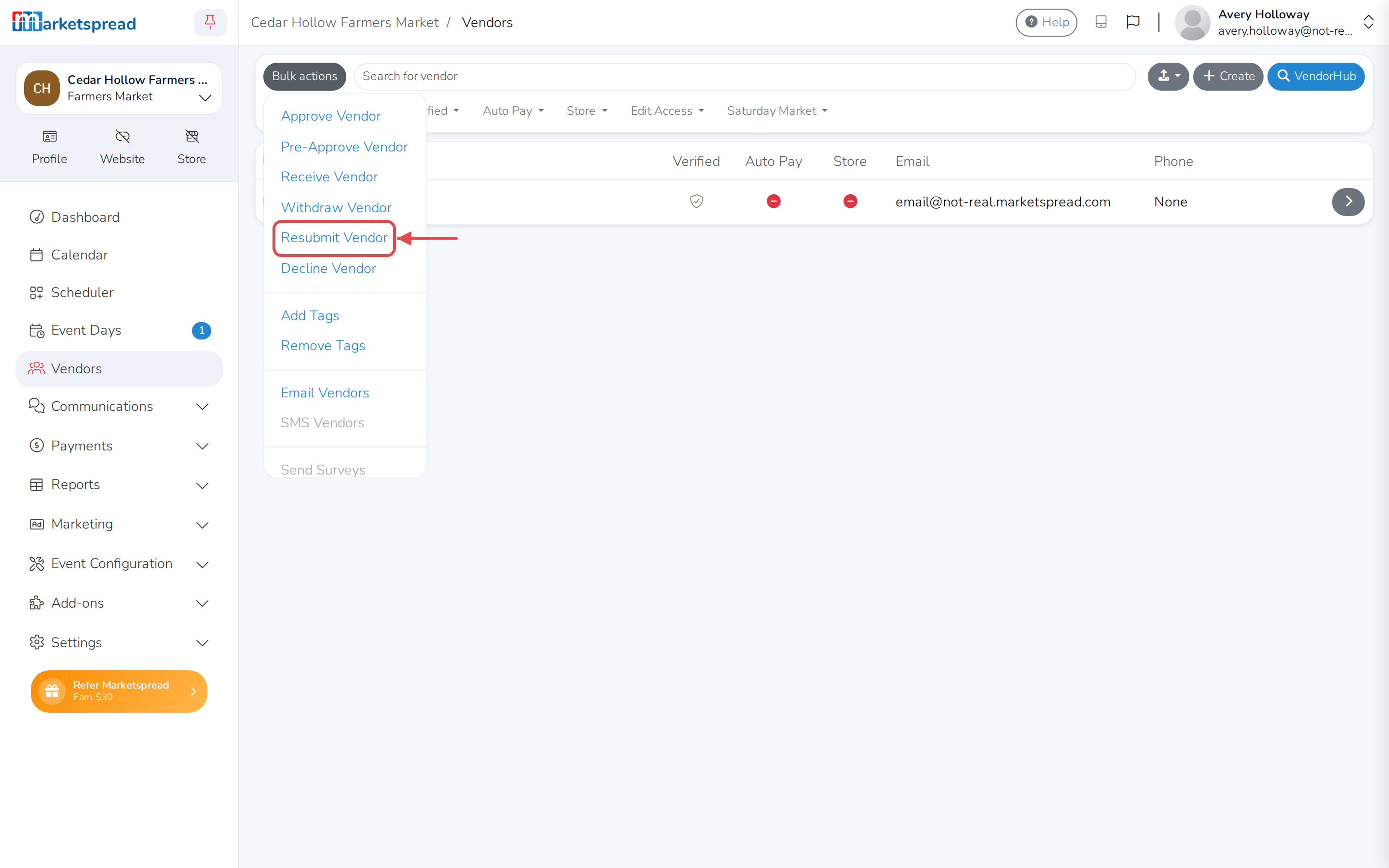 The Bulk actions menu, open to Resubmit Vendor