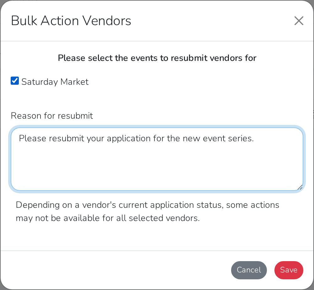 The bulk Resubmit Vendor form, with the event and a reason selected