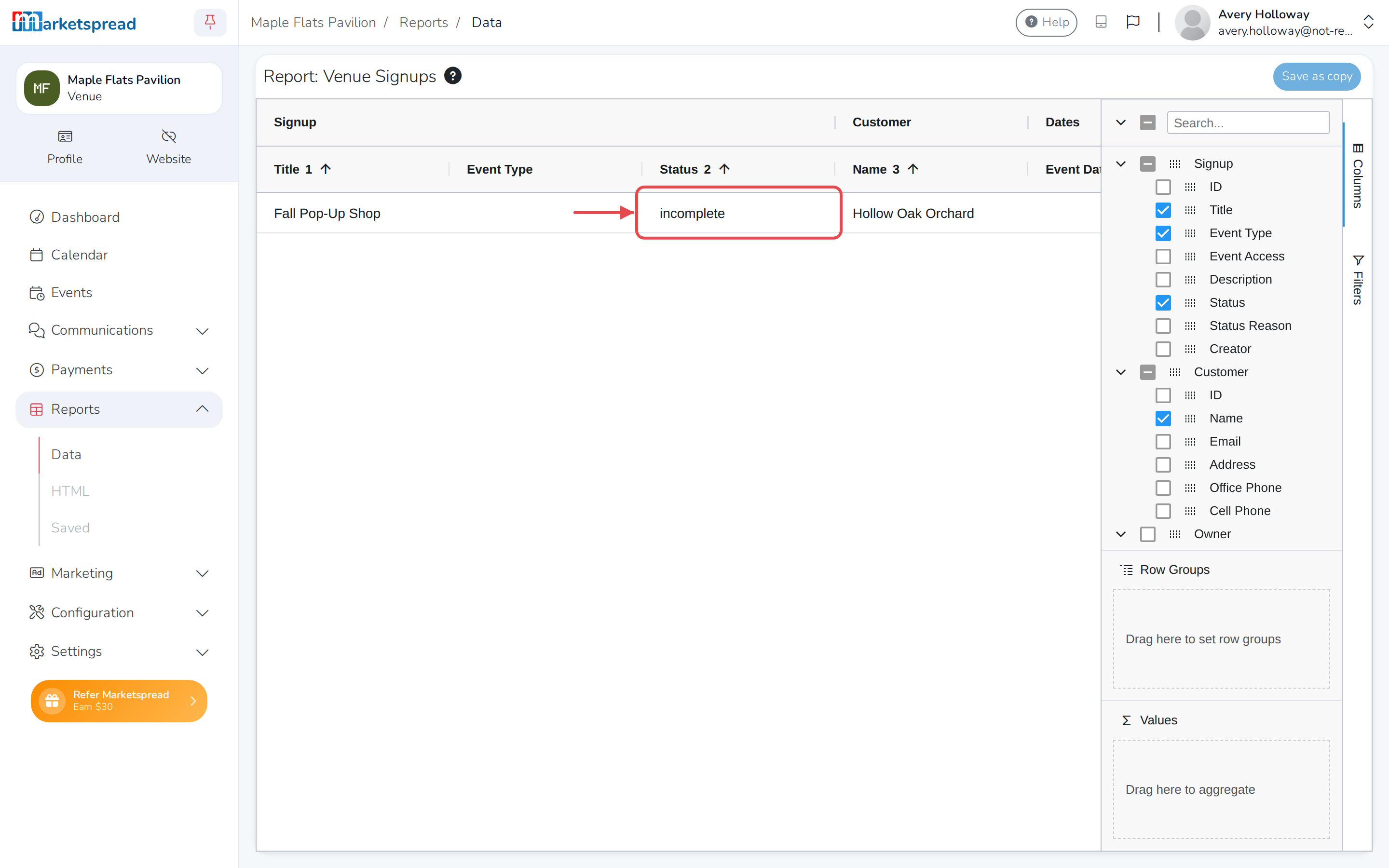 The Venue Signups report, with the customer's row showing incomplete in the Status column