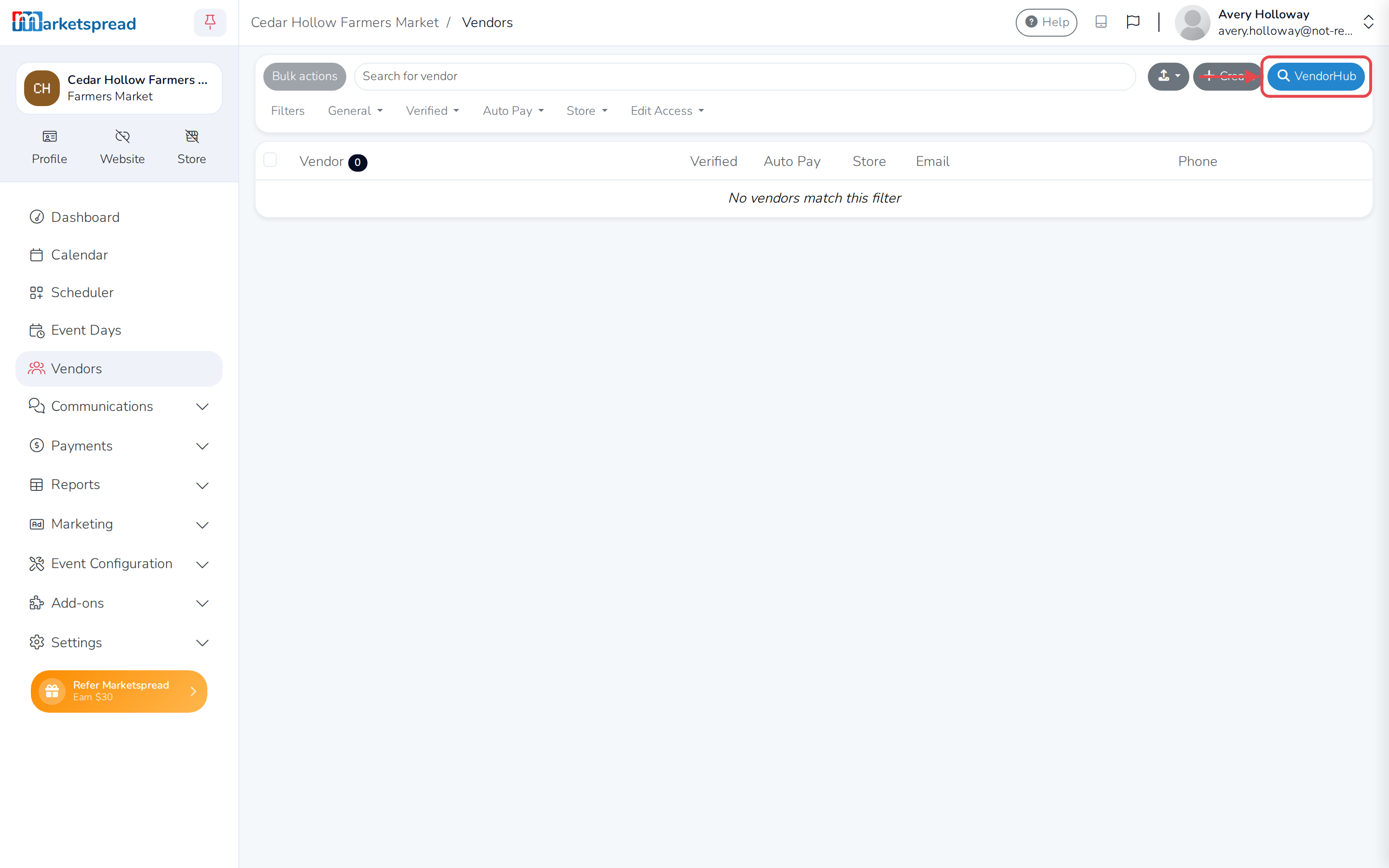 The Vendors page, with VendorHub in the upper-right corner