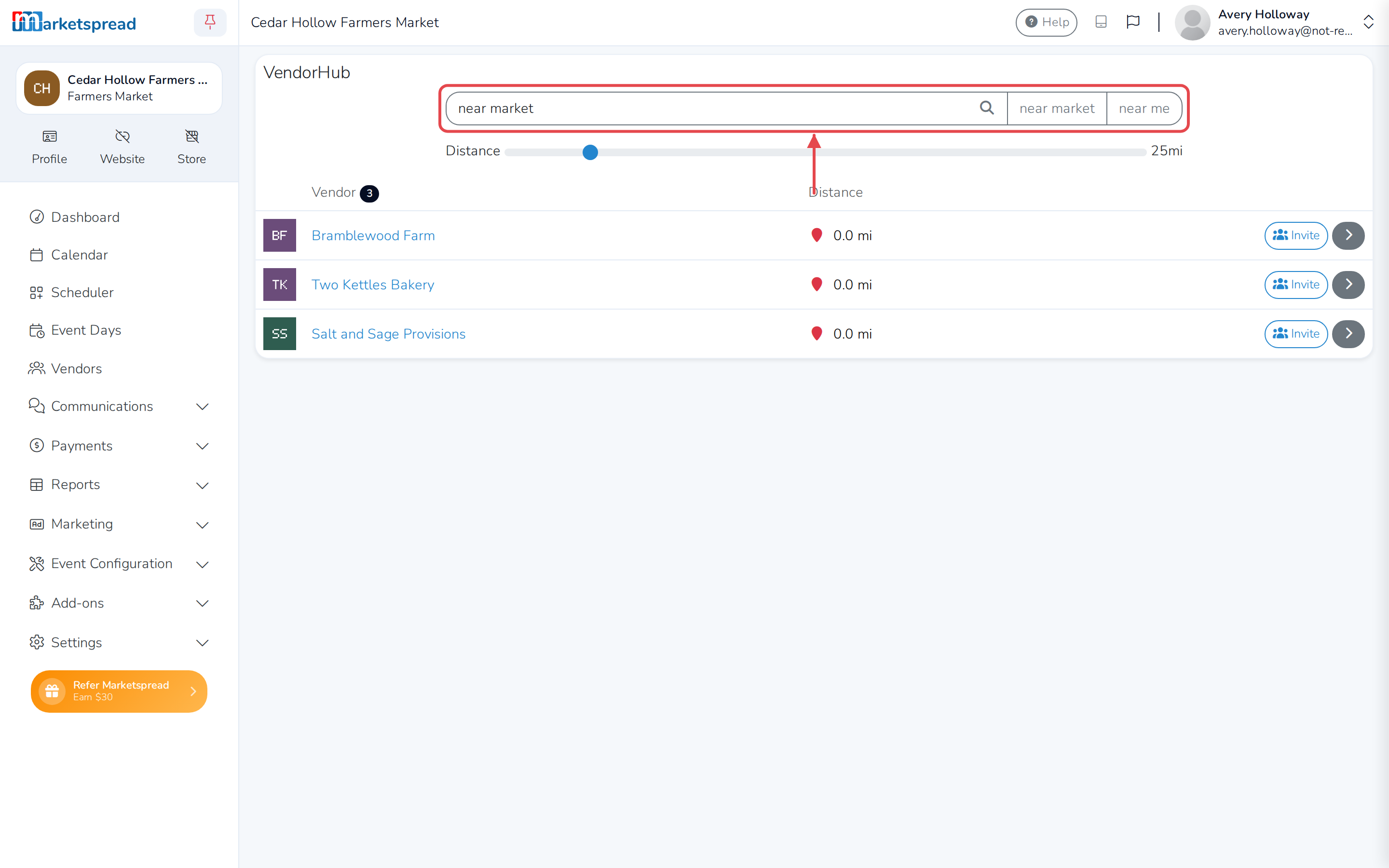 VendorHub, searching for vendors near the market or near your own location