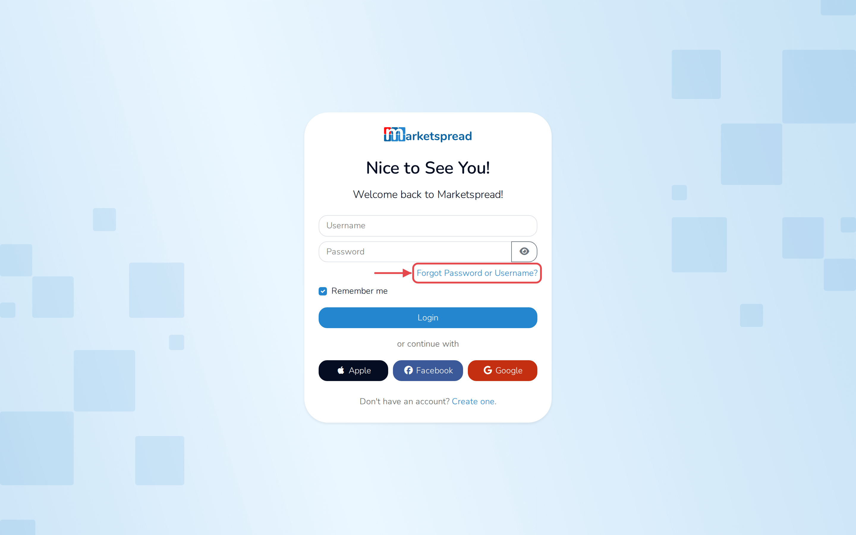 The Login page, with the Forgot Password or Username link below the password field
