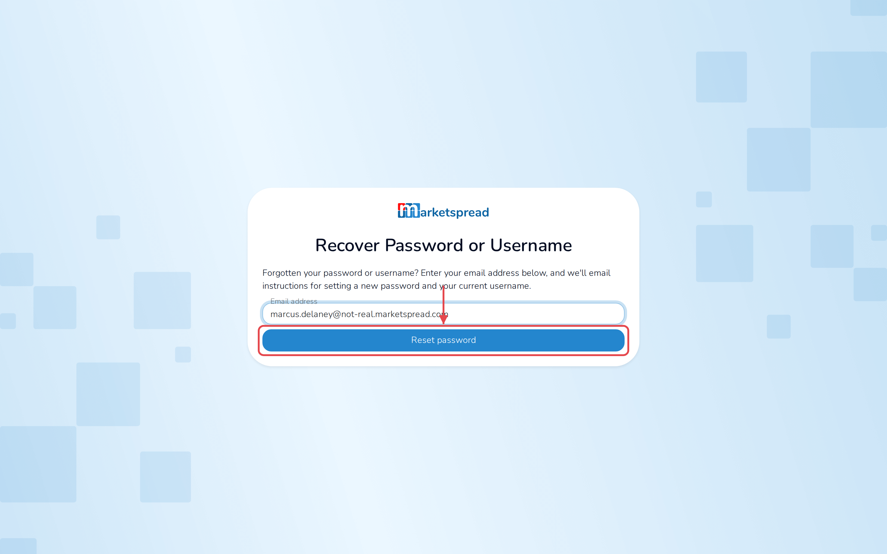 The password reset form, with an email address filled in and the Reset password button