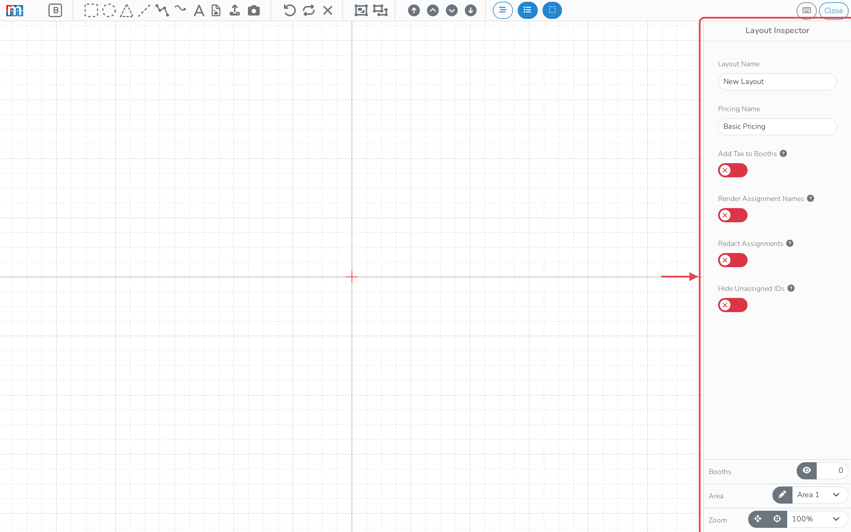 The empty canvas with the Layout Inspector open, showing Layout Name, Pricing Name and the Render Assignment Names, Redact Assignments and Hide Unassigned IDs toggles