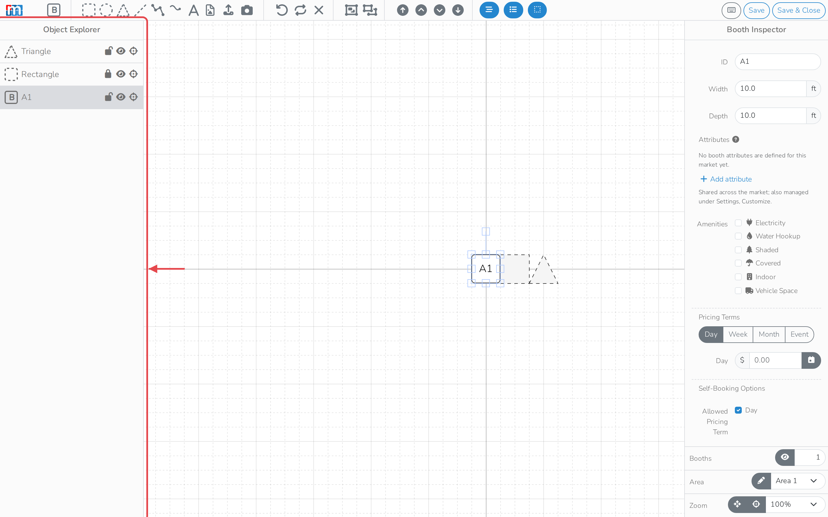 The object explorer, listing the booth, a rectangle and a triangle, with the rectangle locked and the lock, hide and target icons for each