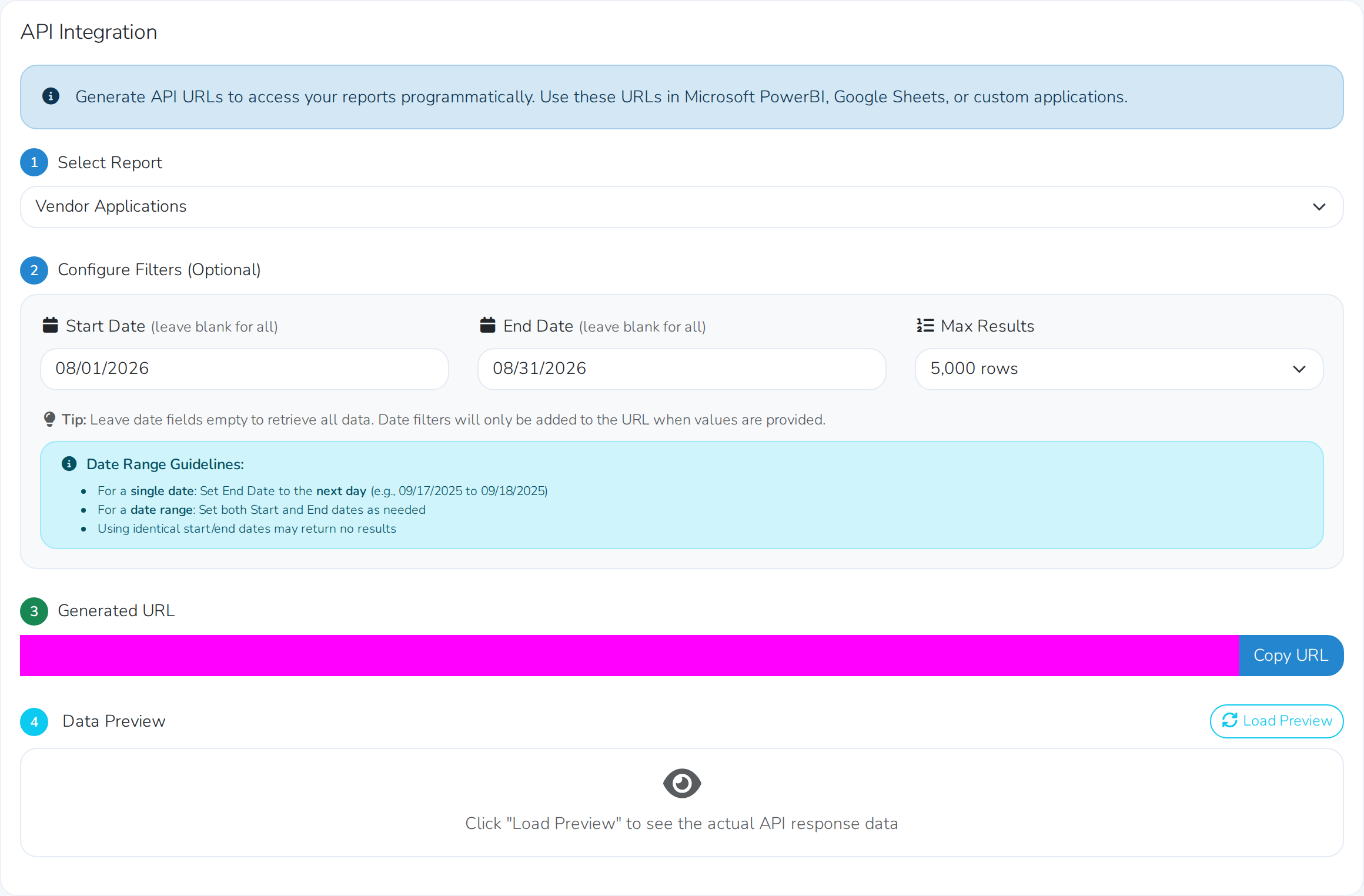 Reports > Integrations, with a report chosen, the date range and row count set, and the generated link underneath