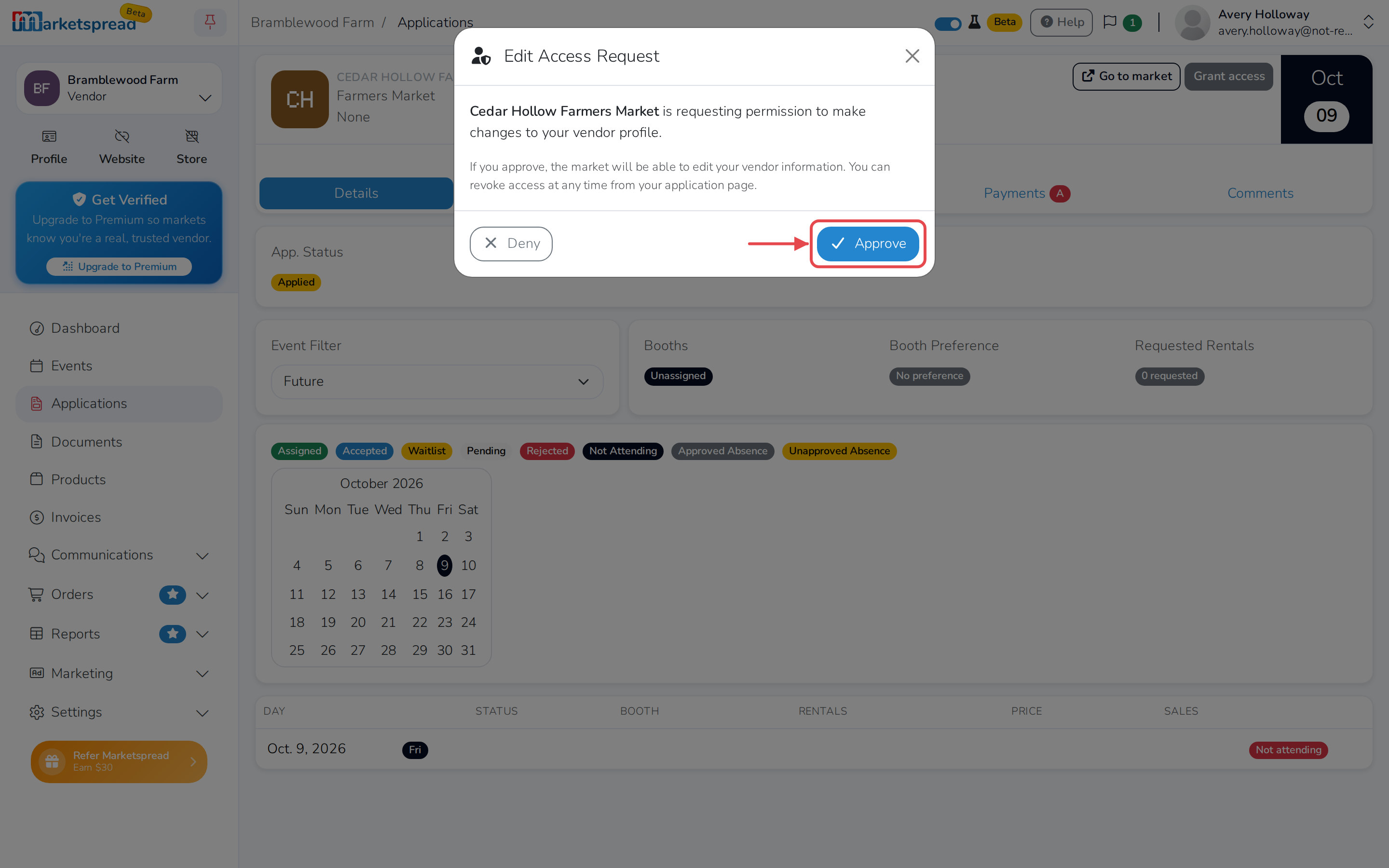 The Edit Access Request window, with Approve and Deny
