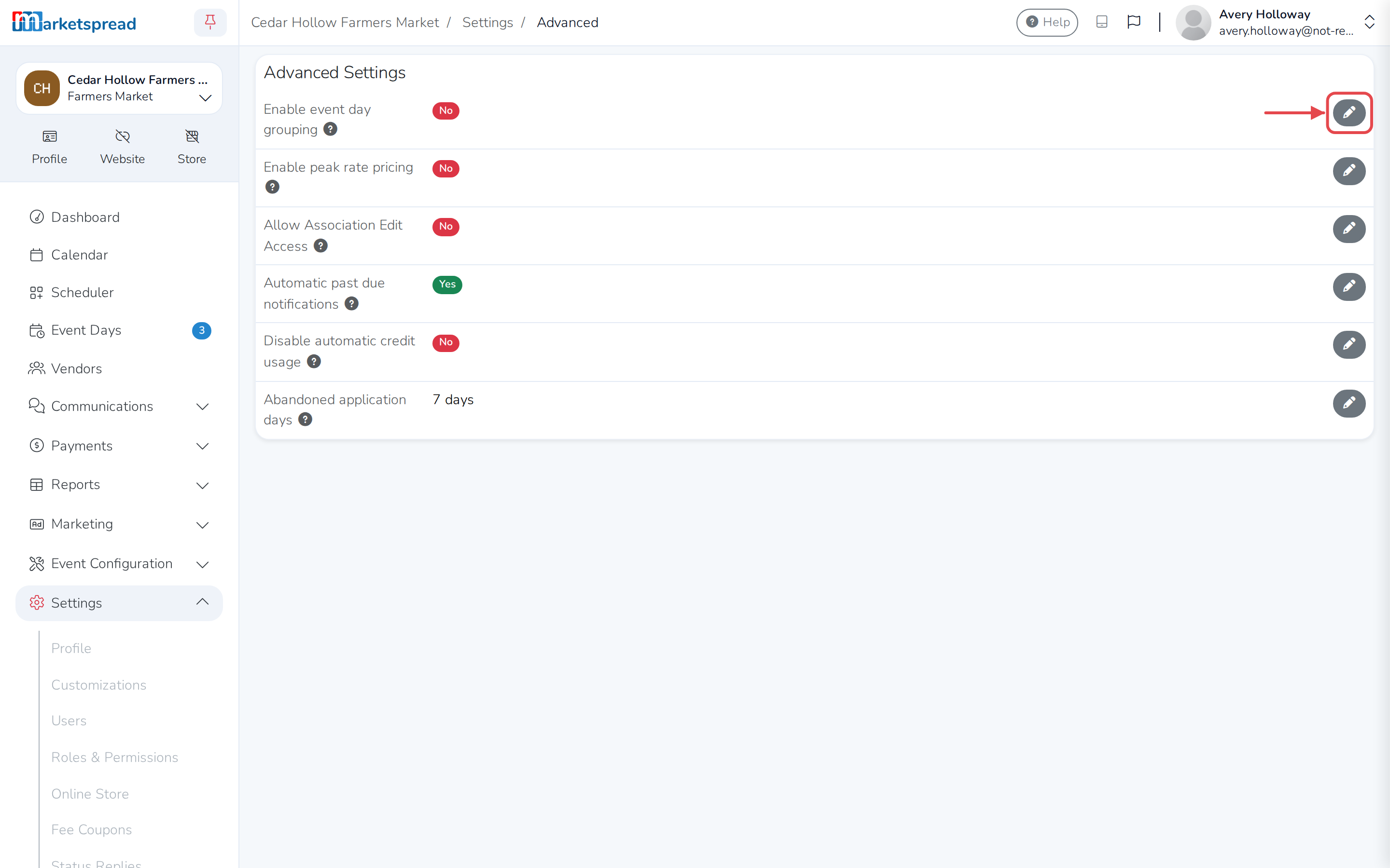 The Advanced Settings card, with the pencil next to Enable event day grouping