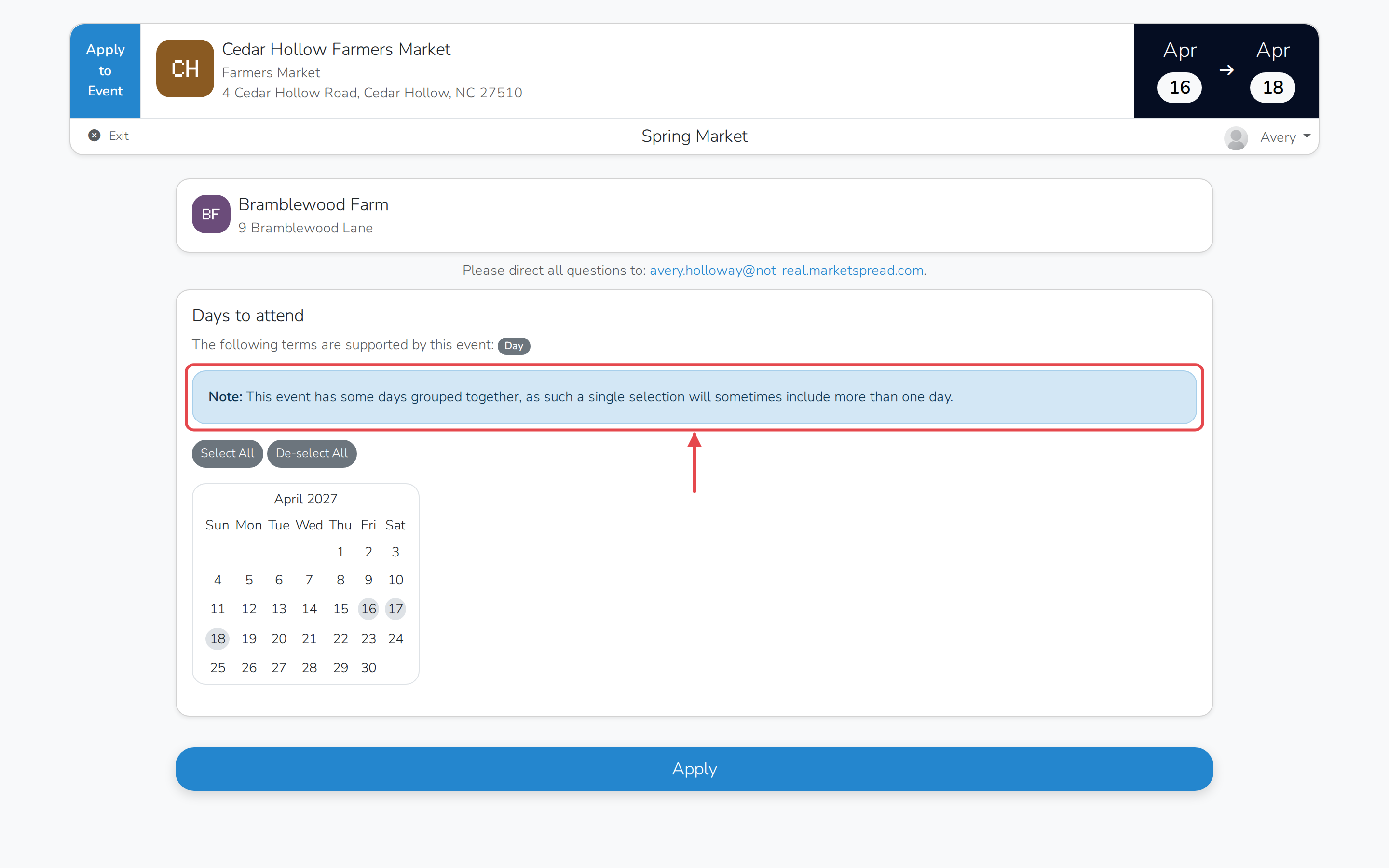 The application calendar, with the note that some days are grouped together