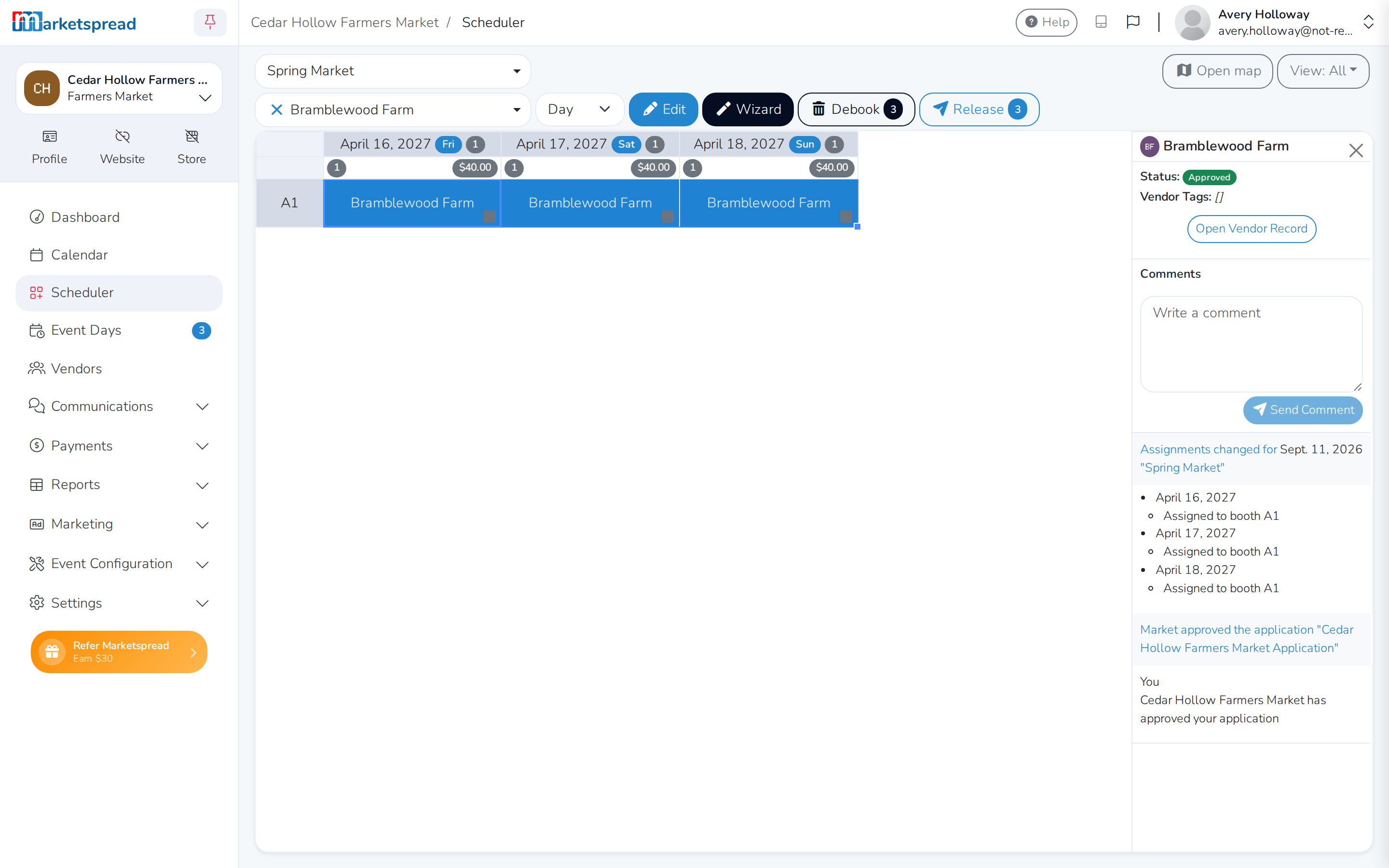 The scheduler grid, with the vendor now booked across all three grouped days
